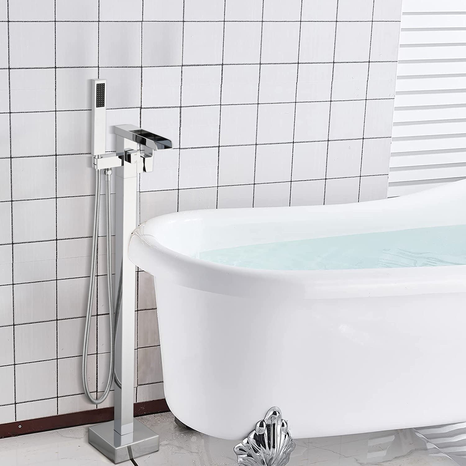 Chrome Waterfall Freestanding Bathtub Faucet with Hand Shower