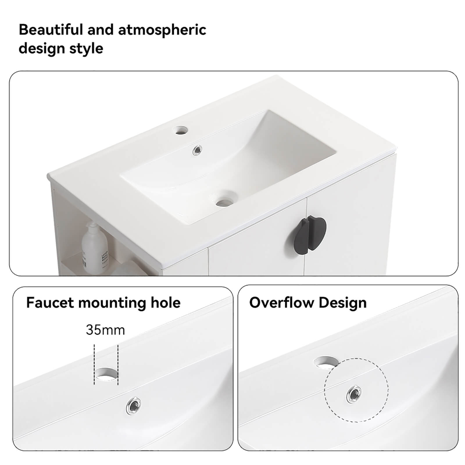 Clean white vanity with overflow drain ceramic sink