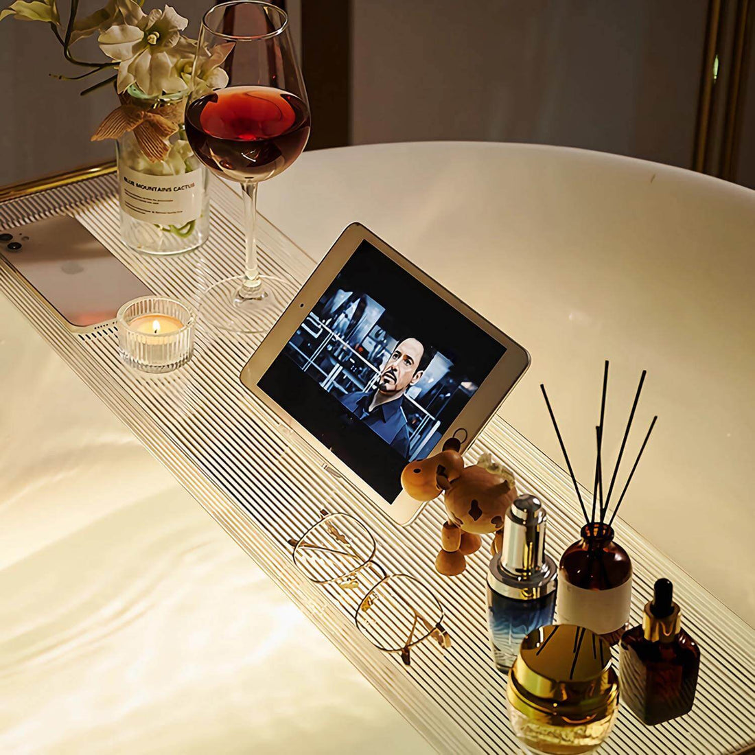 Clear acrylic spa shelf for reading phone and wine glass