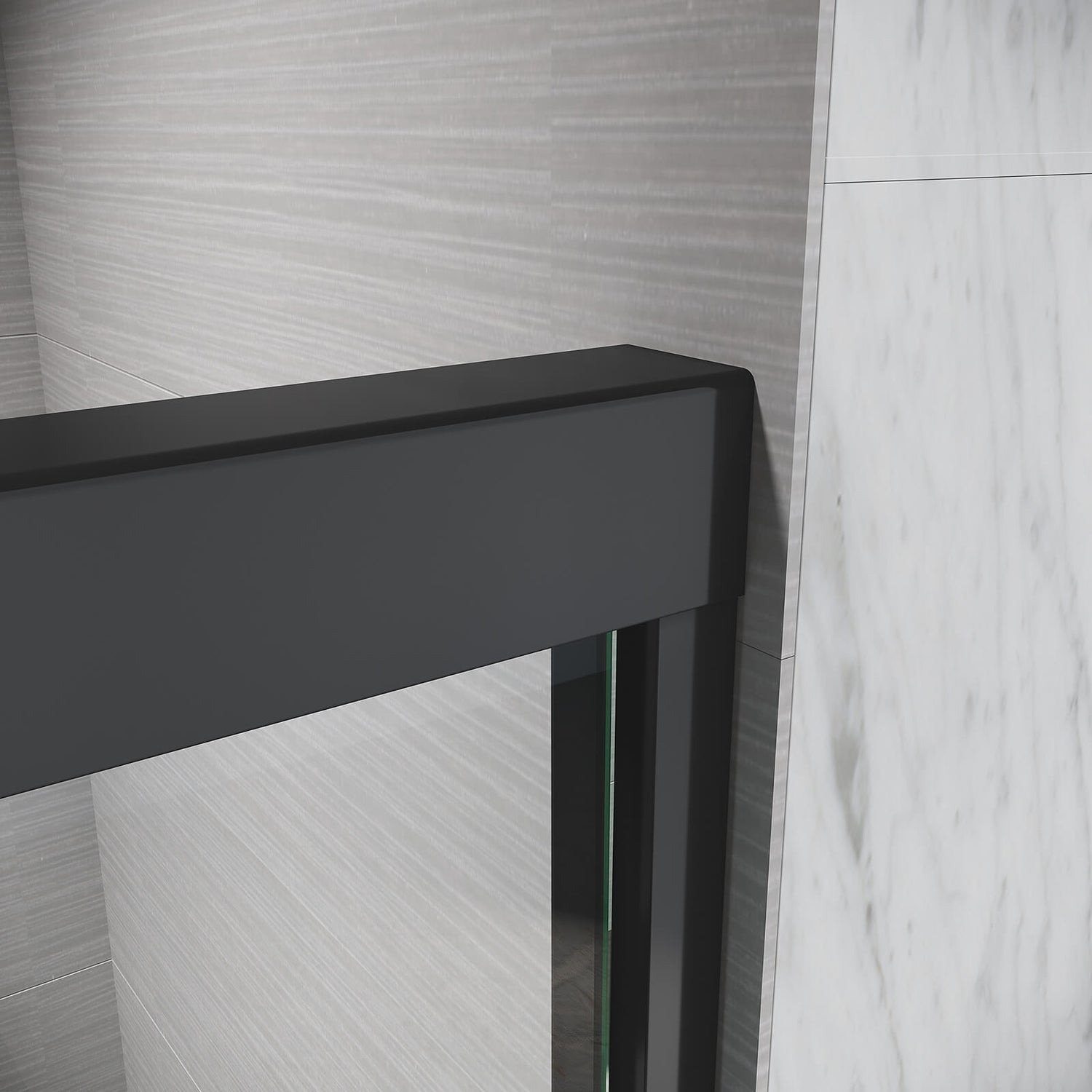 Close up of double sliding tub door in matte black