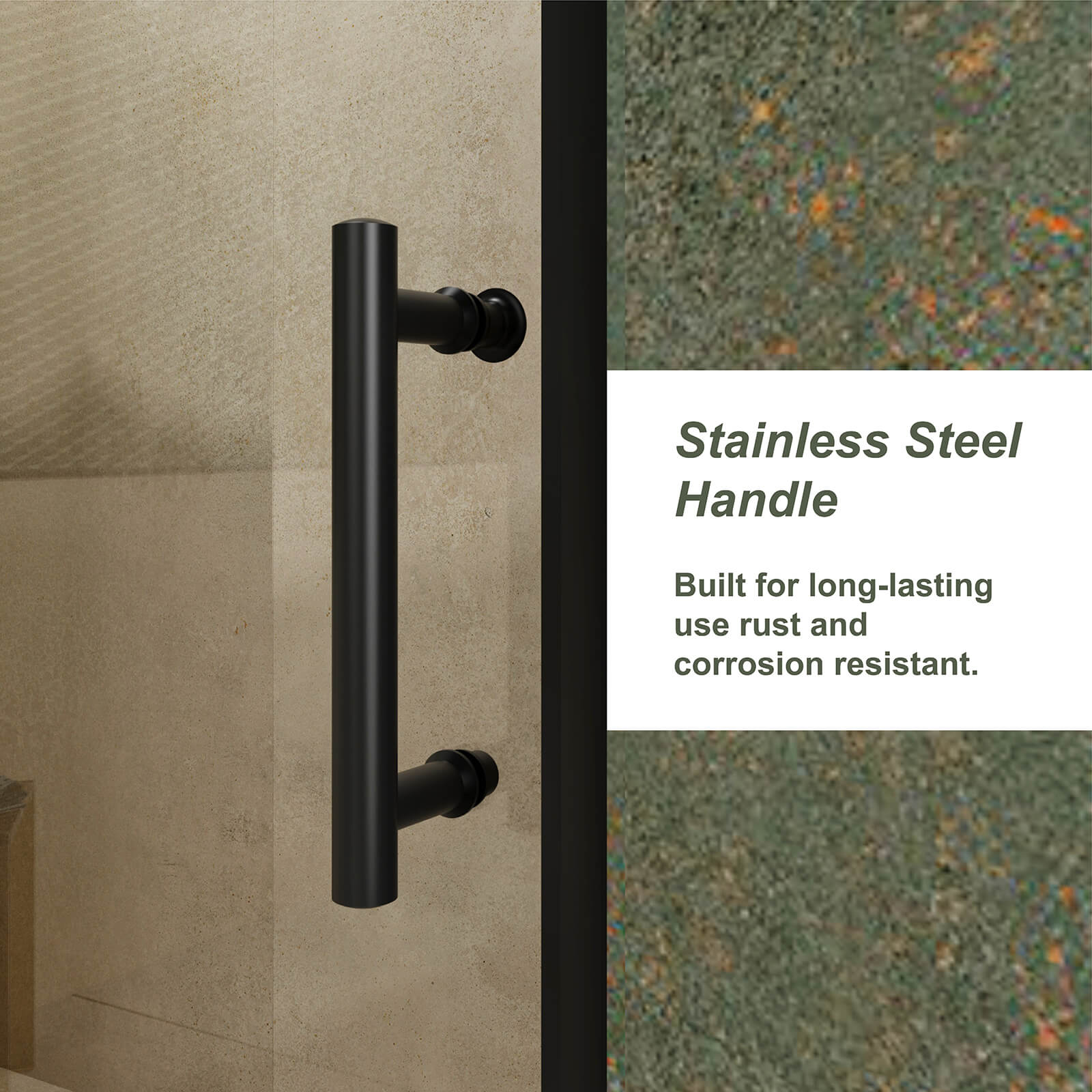 Close up of stainless steel handle on shower door