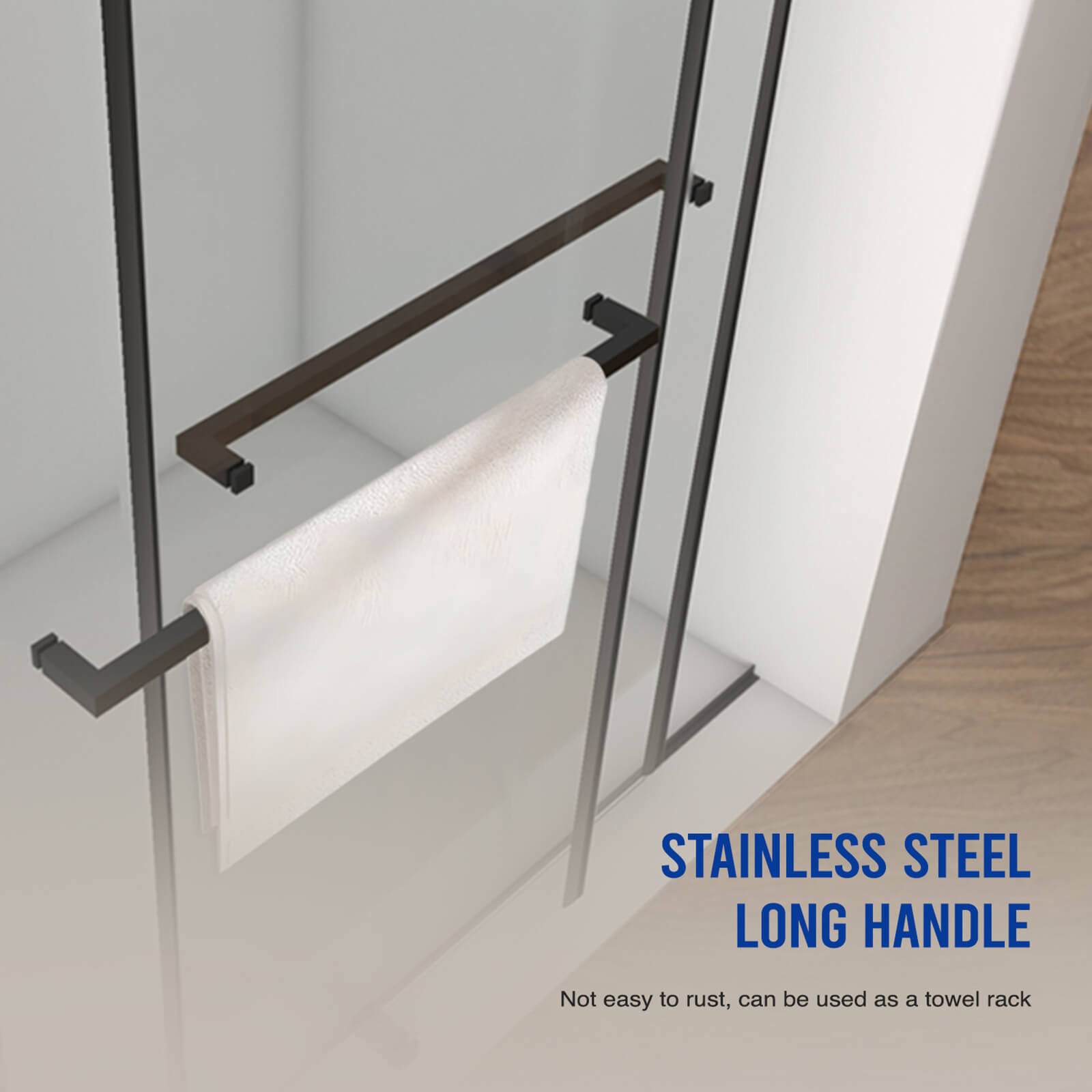 Close up of stainless steel shower door handle