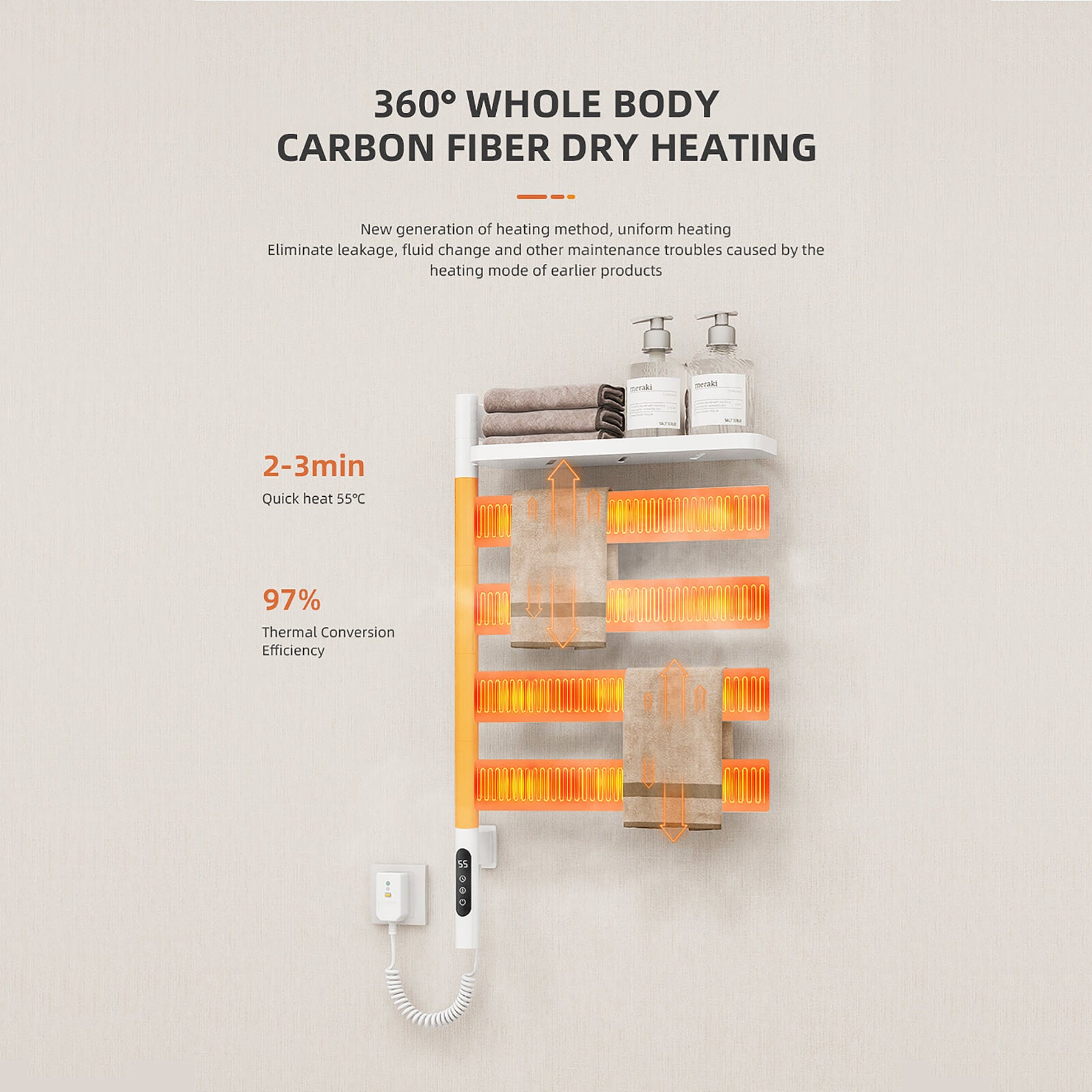 Close-up of white towel warmer s 97 thermal efficiency