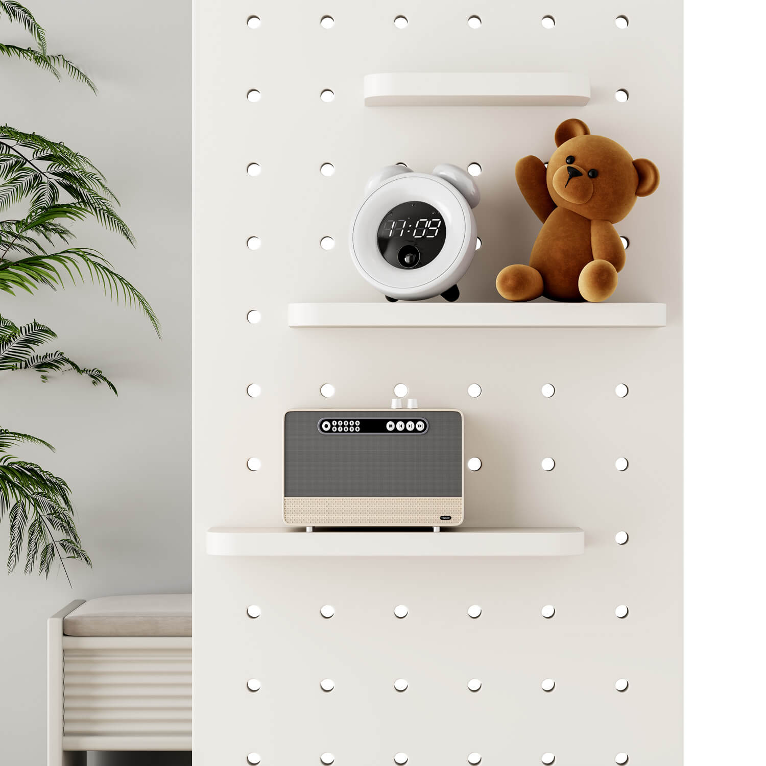 Close up of mirror pegboard with adjustable shelves for decor