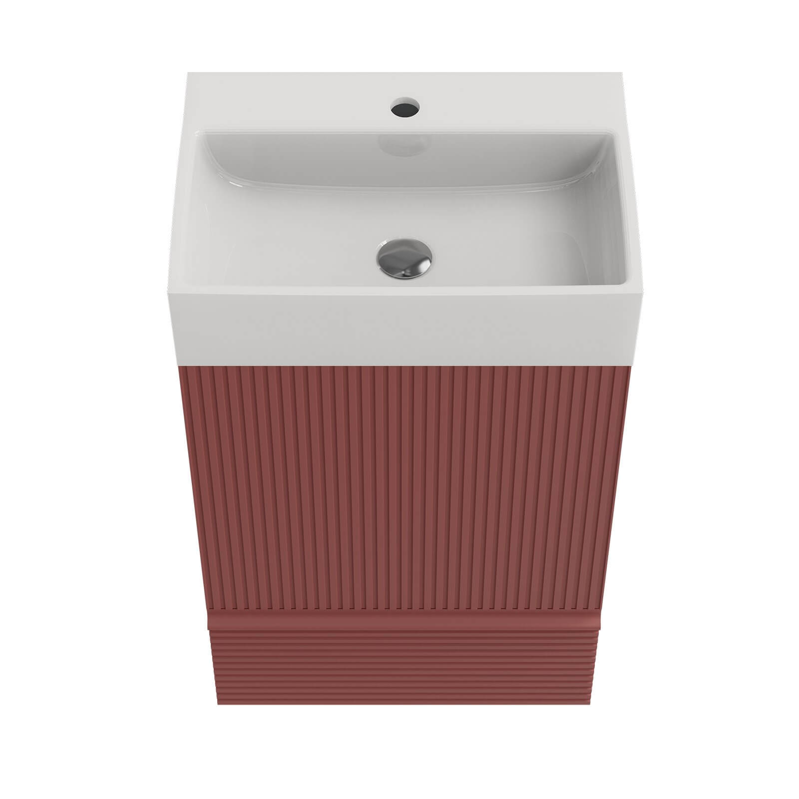 Compact 20 inch red vanity with hidden handles and ample storage