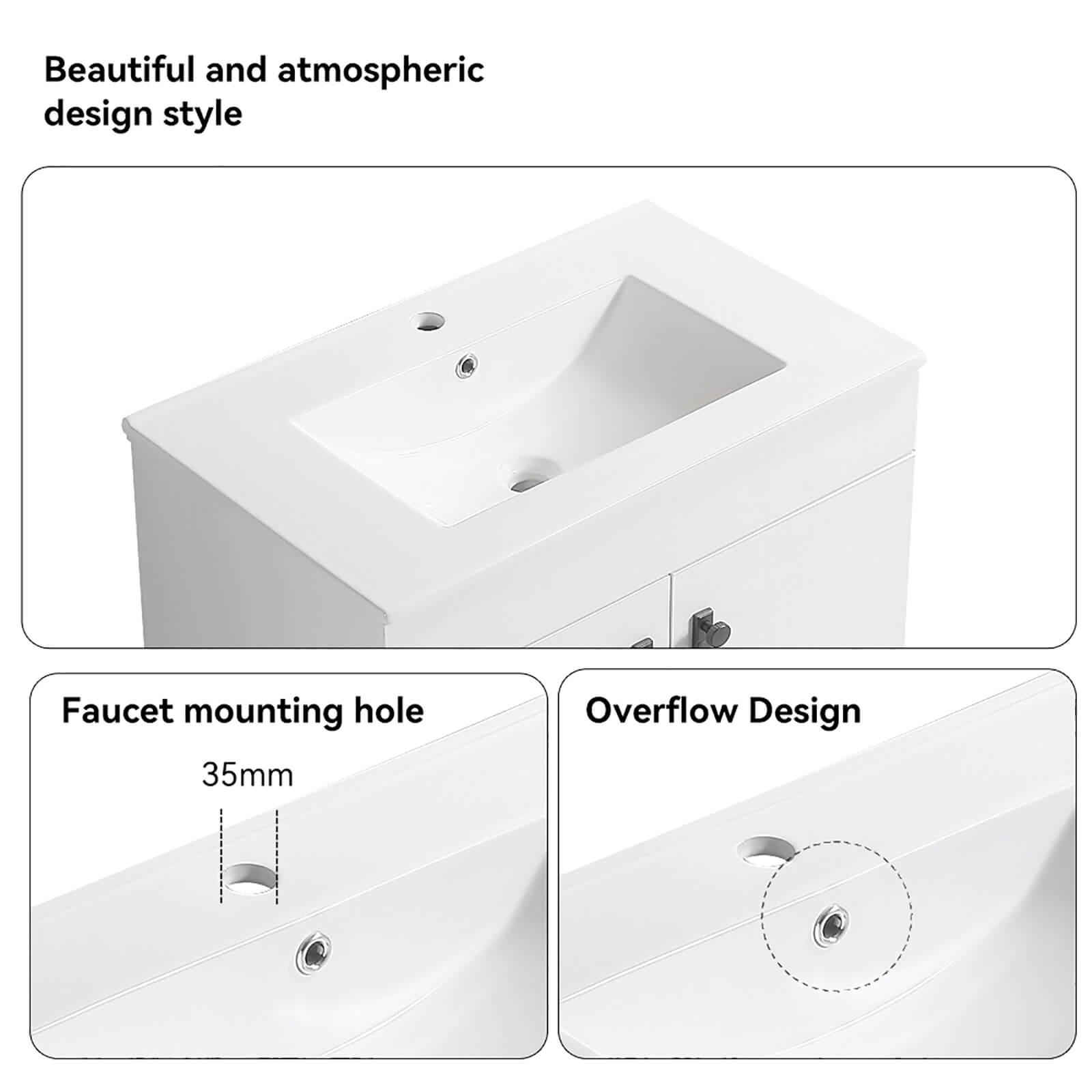 Compact white vanity with high gloss ceramic basin top