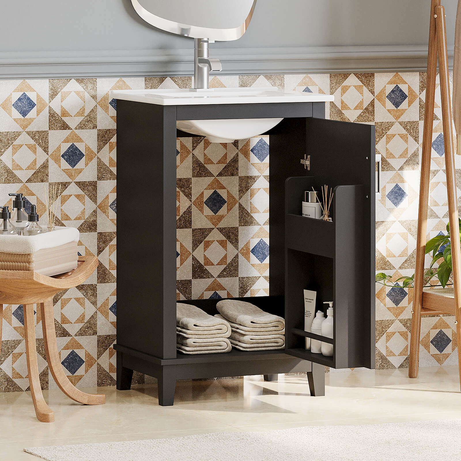 Compact 20-inch black bathroom vanity with single door