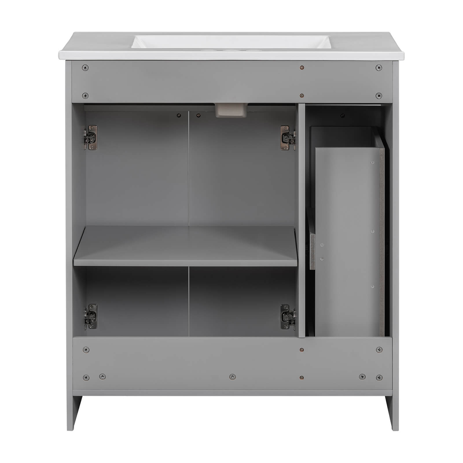 Compact bathroom vanity in gray with maximized storage