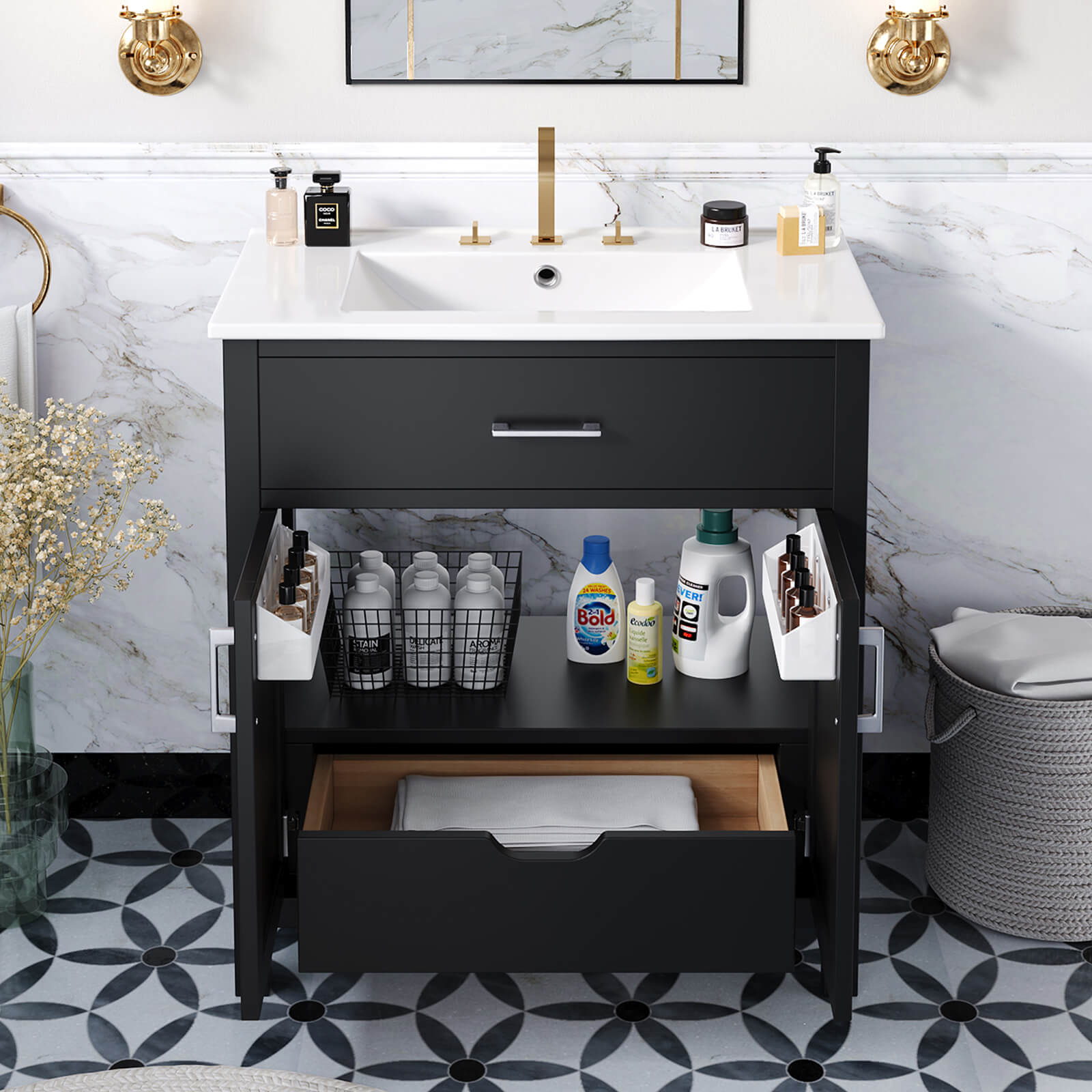 Compact bathroom vanity in sleek black finish with ceramic sink top