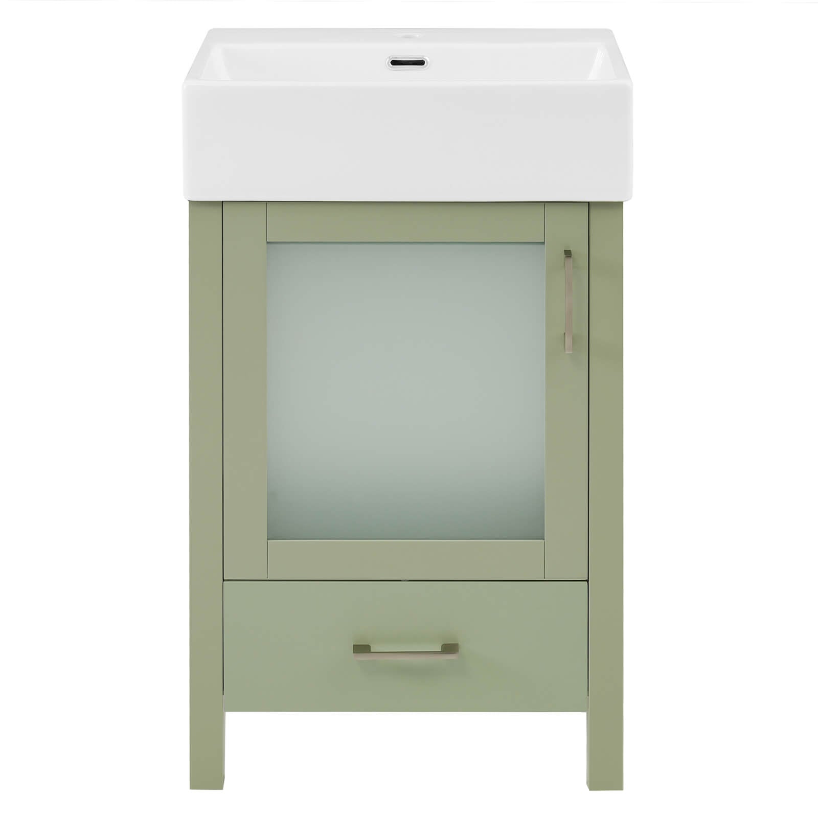 Compact bathroom vanity with frosted glass and storage space