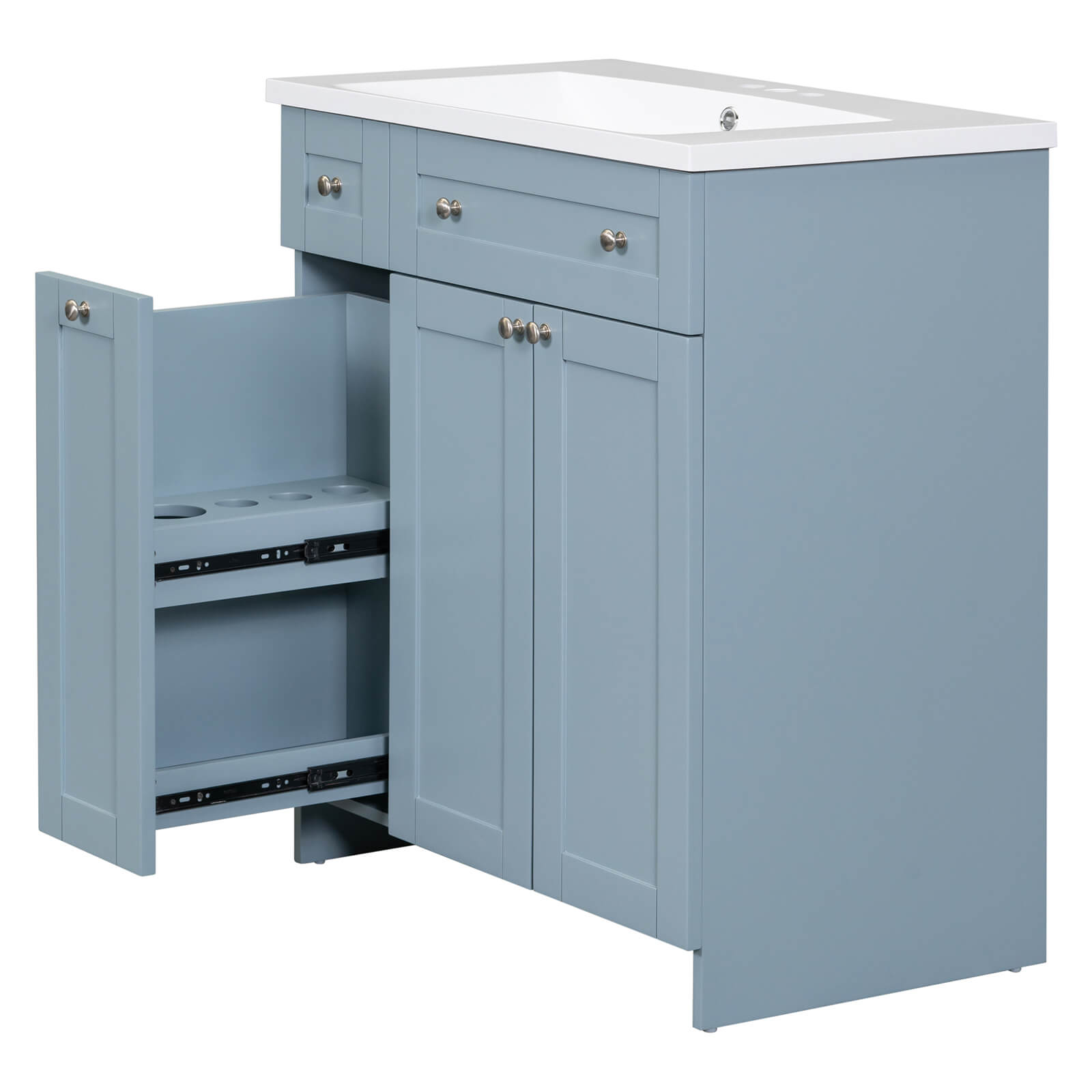 Compact bathroom vanity with storage and noise-free soft-close doors
