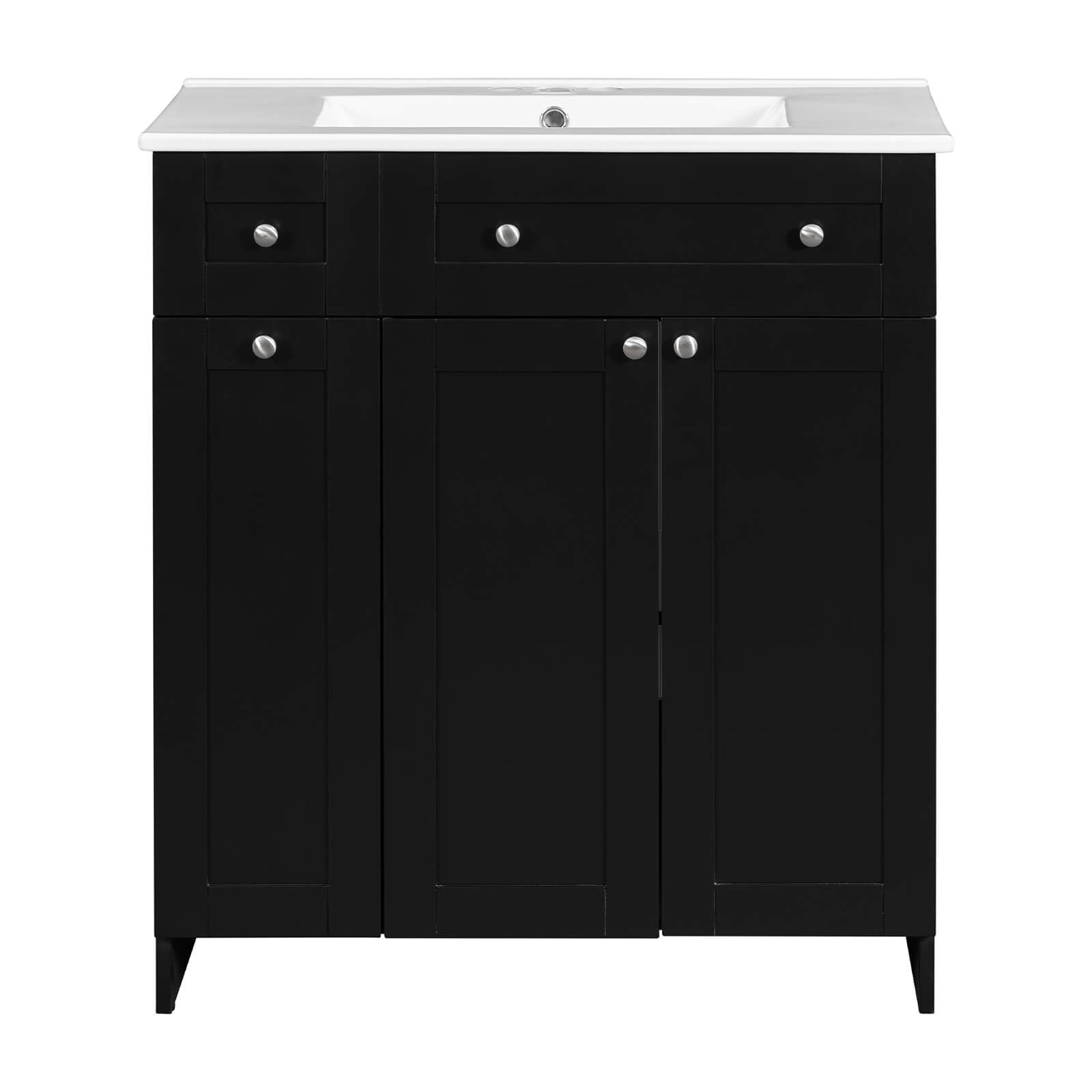Compact black vanity with smart storage solutions for small spaces