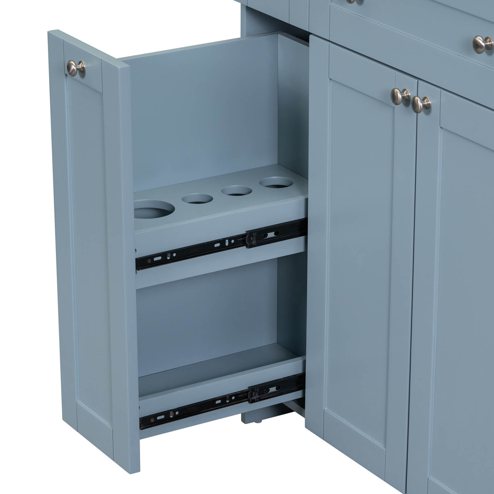 Compact blue-gray vanity with soft-close drawers for small spaces