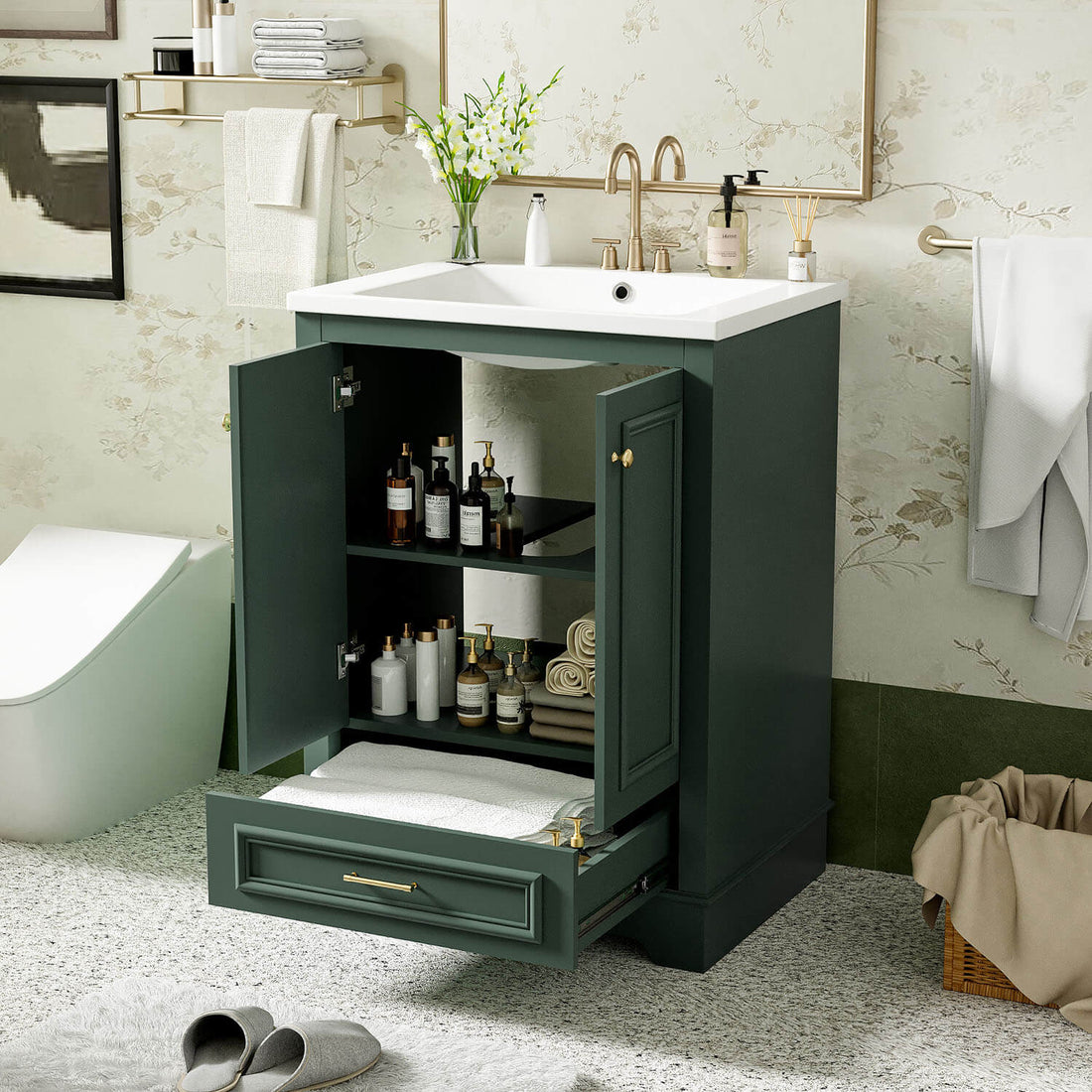 Compact freestanding bathroom cabinet in deep green