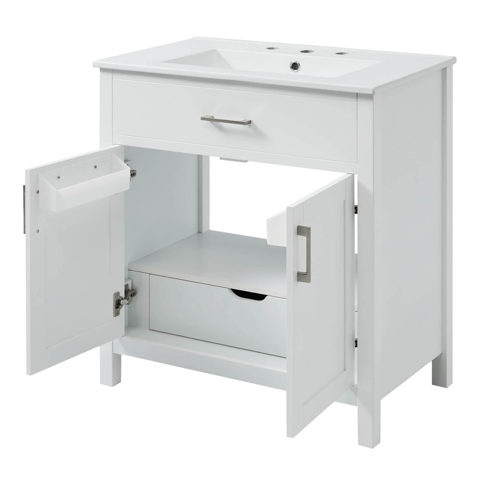 Compact freestanding vanity with ceramic sink for small spaces