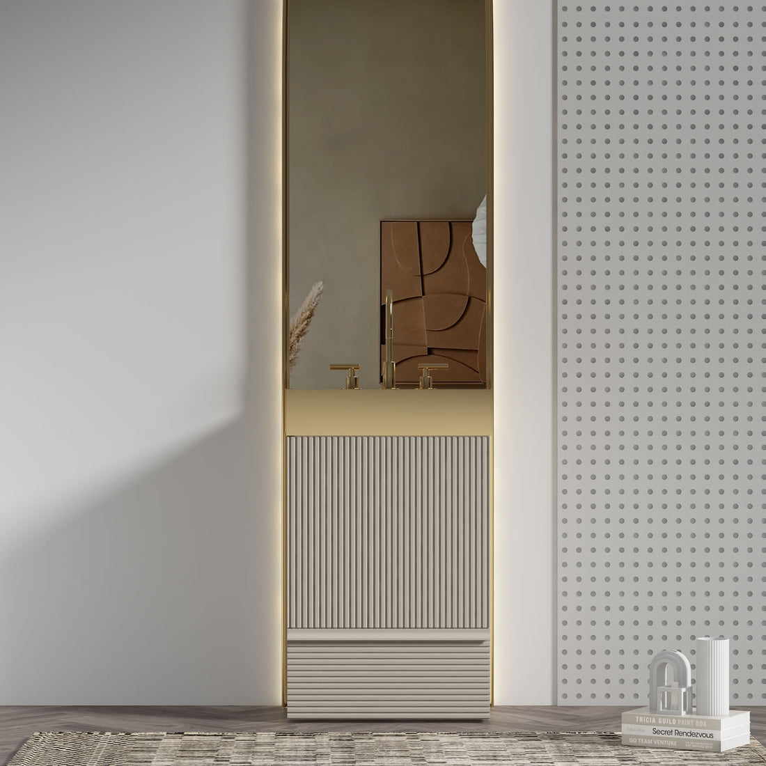 Compact gray bathroom vanity with fluted panels and durable brushed gold sink