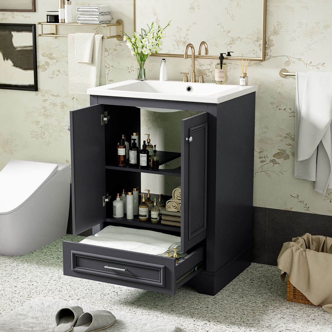 Compact gray vanity for small or medium bathrooms with functional storage space