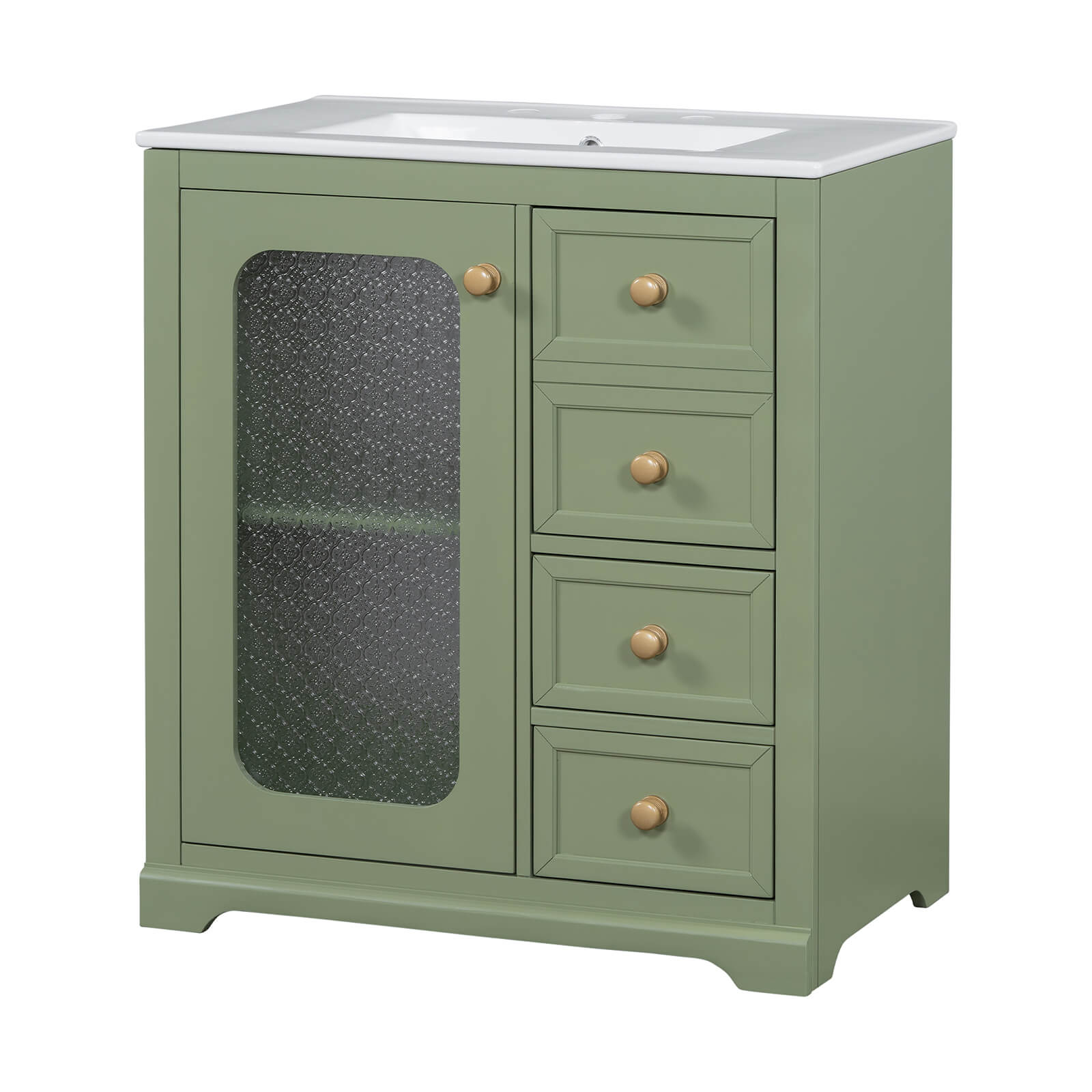 Compact green vanity with ceramic sink and frosted glass doors