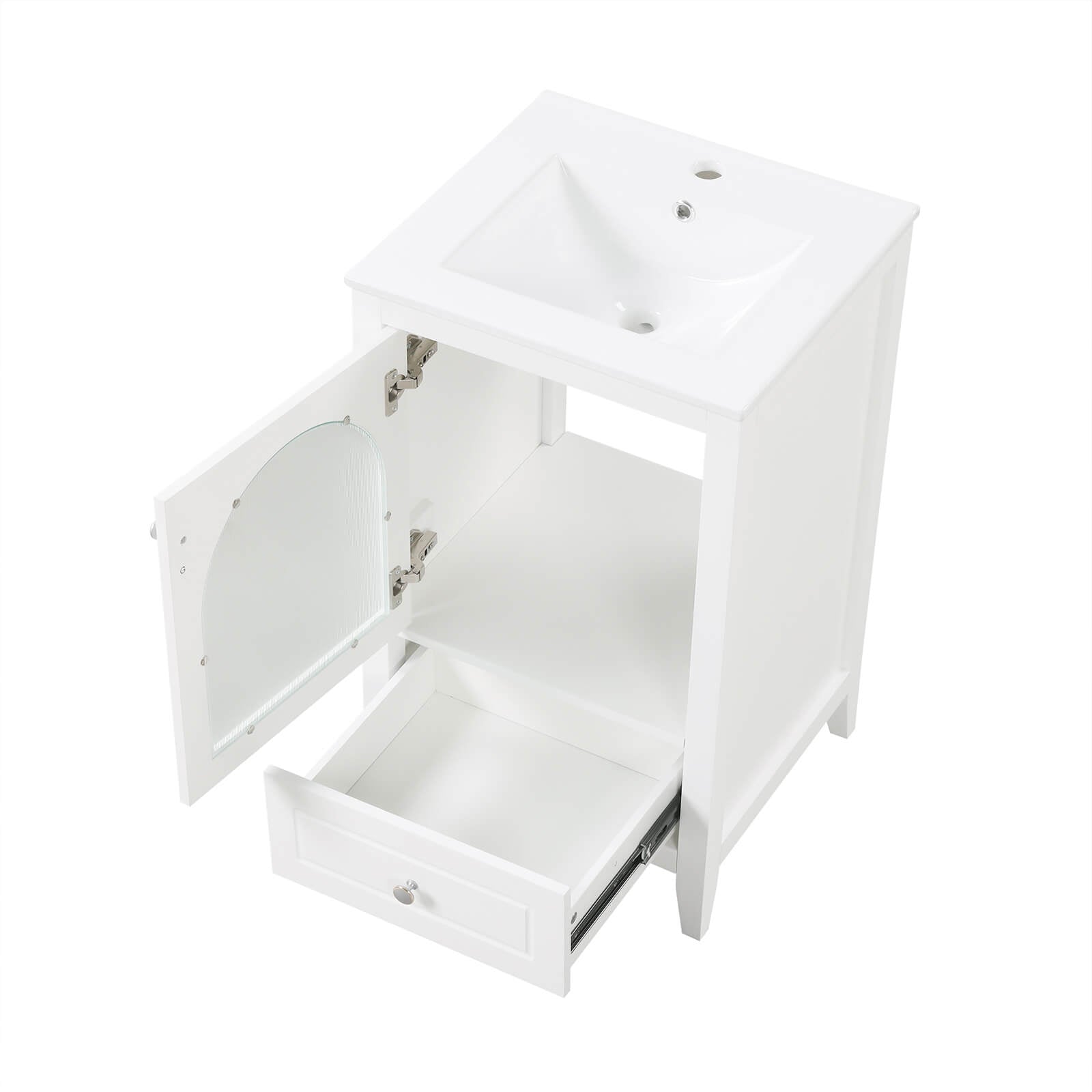 Compact white bathroom vanity with drawer and storage