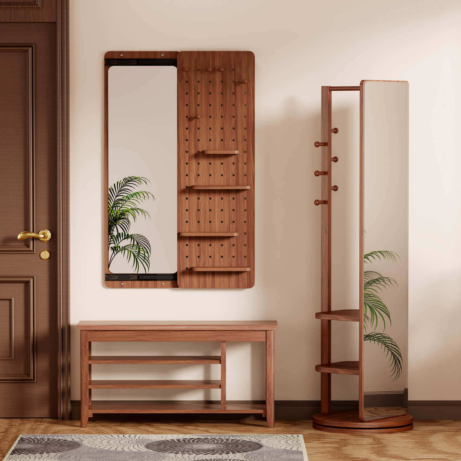 Complete walnut entryway set mirror shoe bench and rotating coat rack