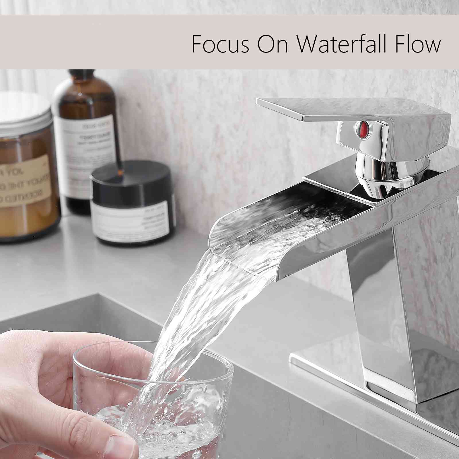Contemporary Chrome Deck Plate Waterfall Bathroom Sink Faucet Suit for 1 or 3 Hole 2 Color opt