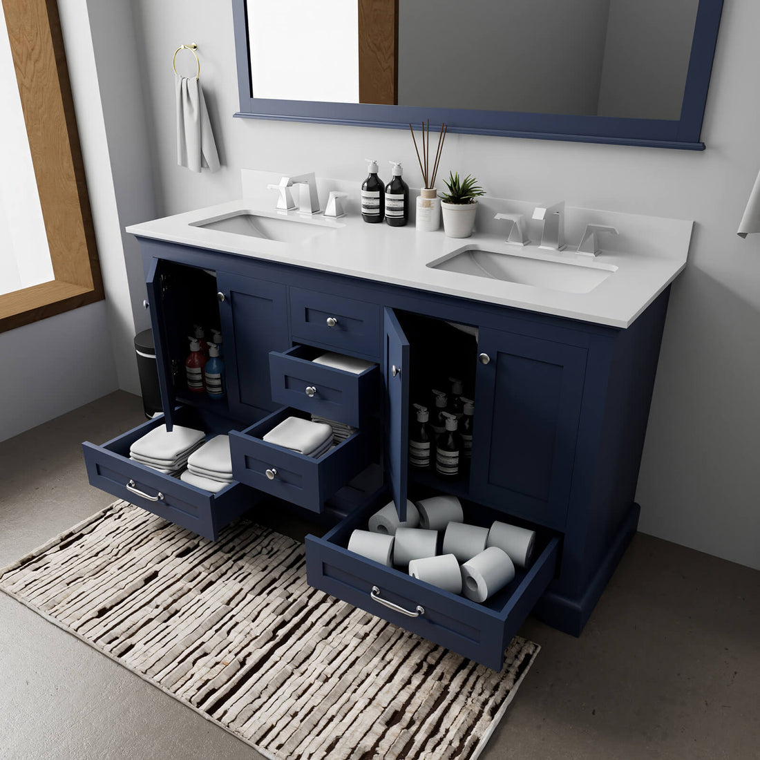 Contemporary blue bathroom vanity with white quartz countertop and easy installation features
