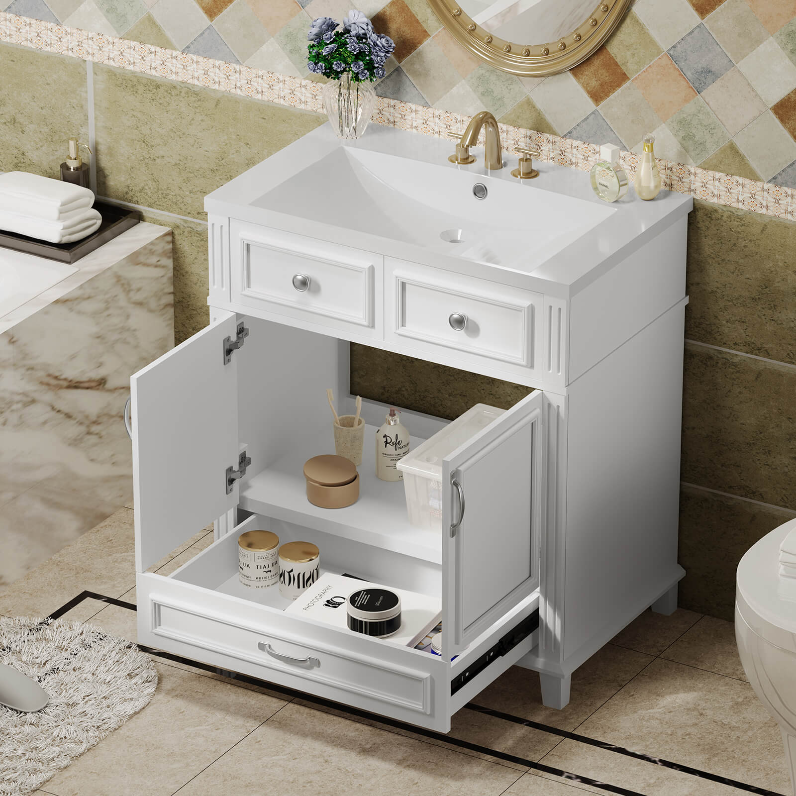 Contemporary white vanity with pre drilled resin sink