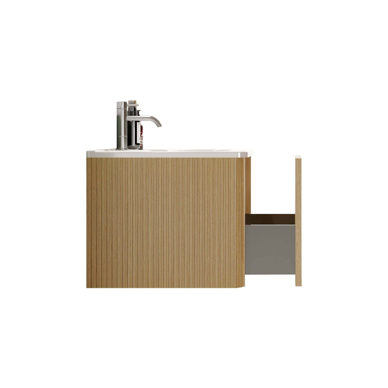 Contemporary bathroom vanity with ceramic sink and white oak finish