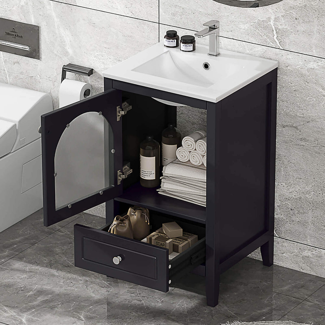 Contemporary black bathroom vanity with durable construction