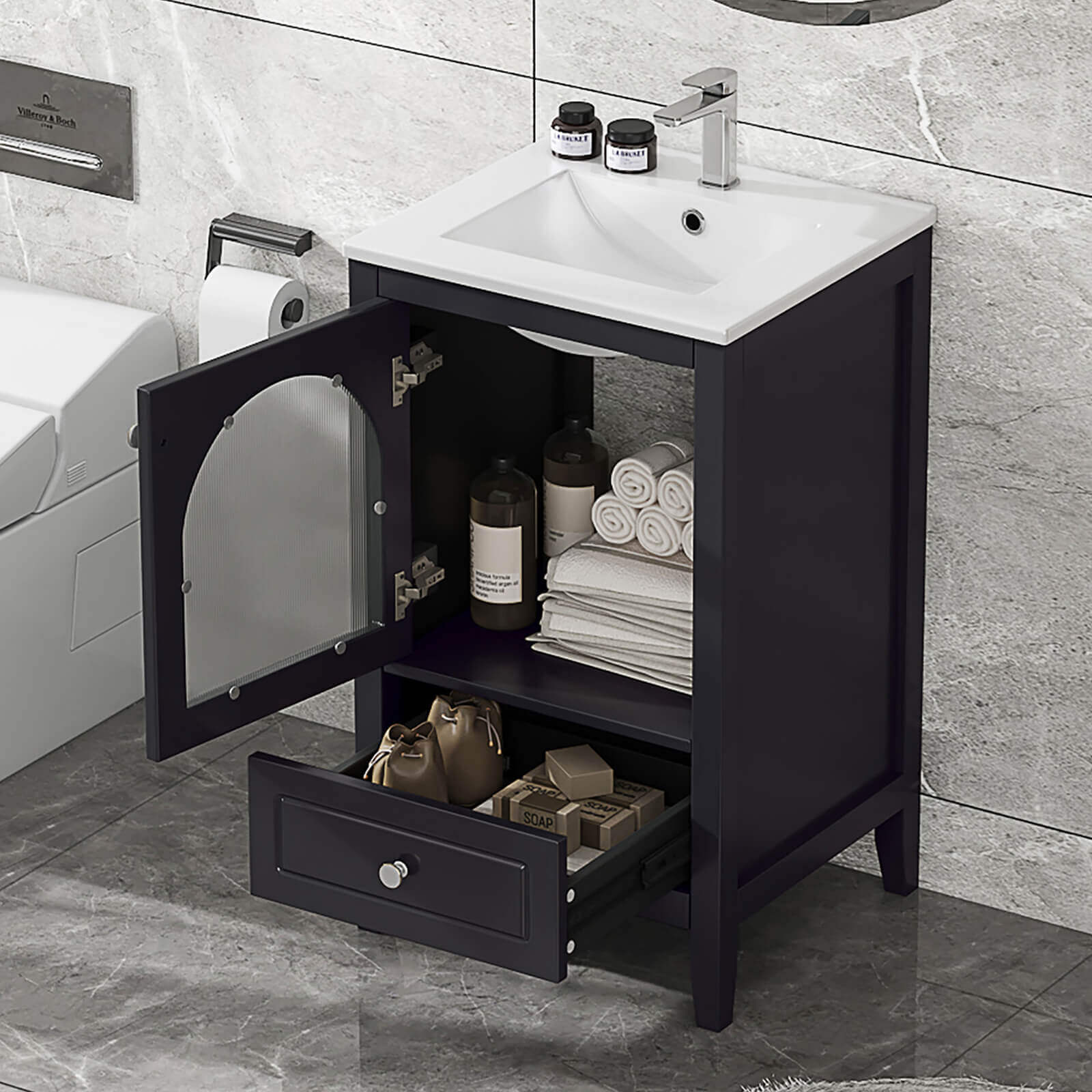 Contemporary black bathroom vanity with durable construction