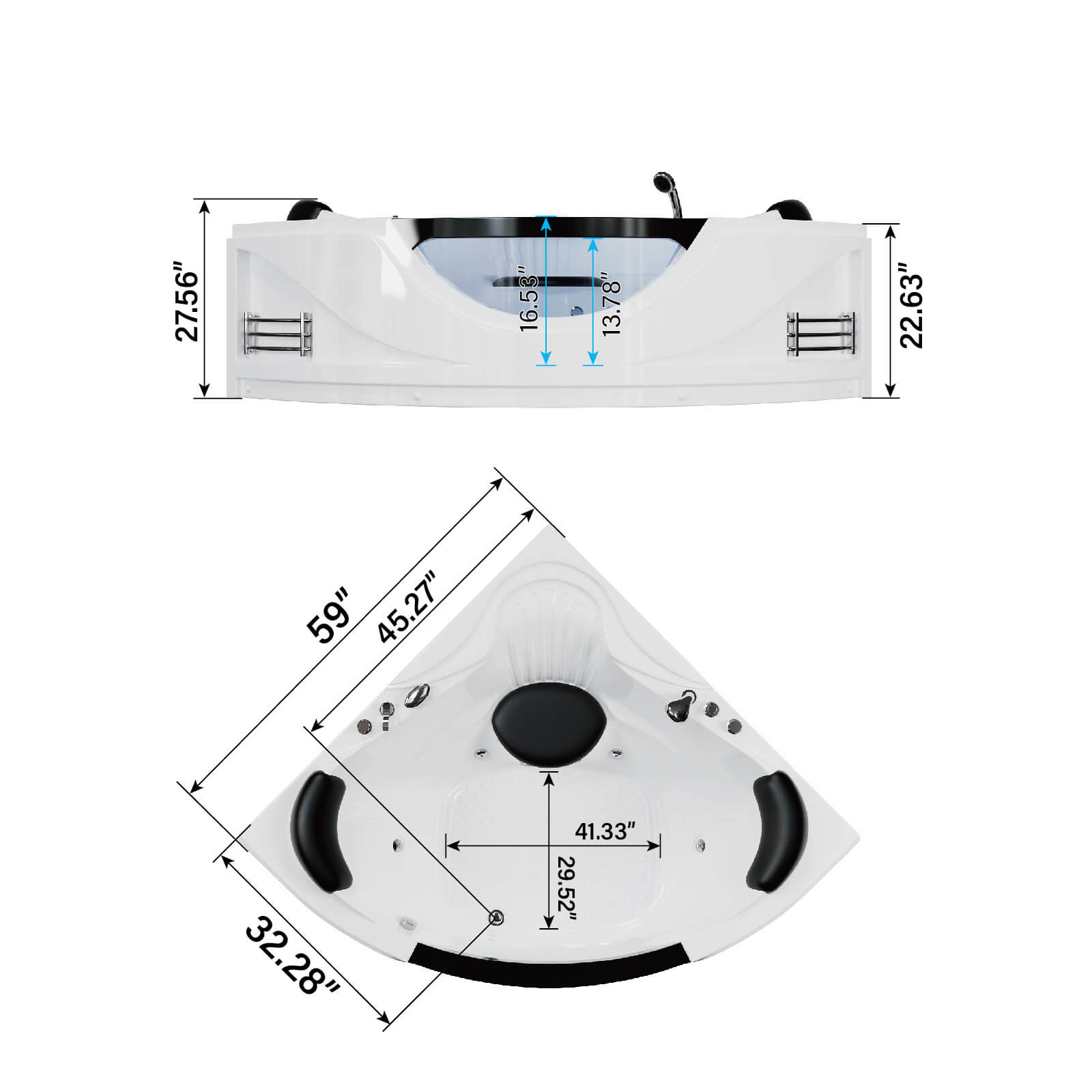 Corner whirlpool bathtub dimension diagram with inch measurements for installation