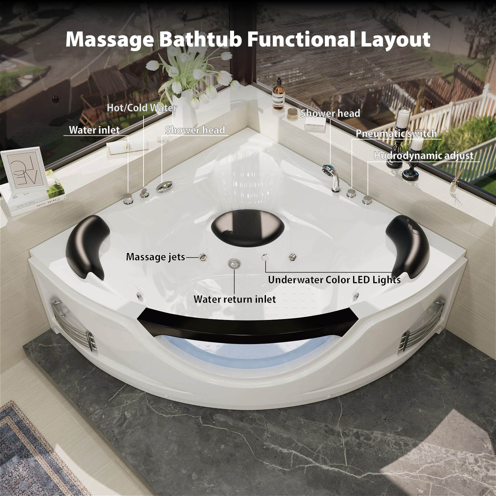 Corner whirlpool tub functional layout with labeled water and massage components