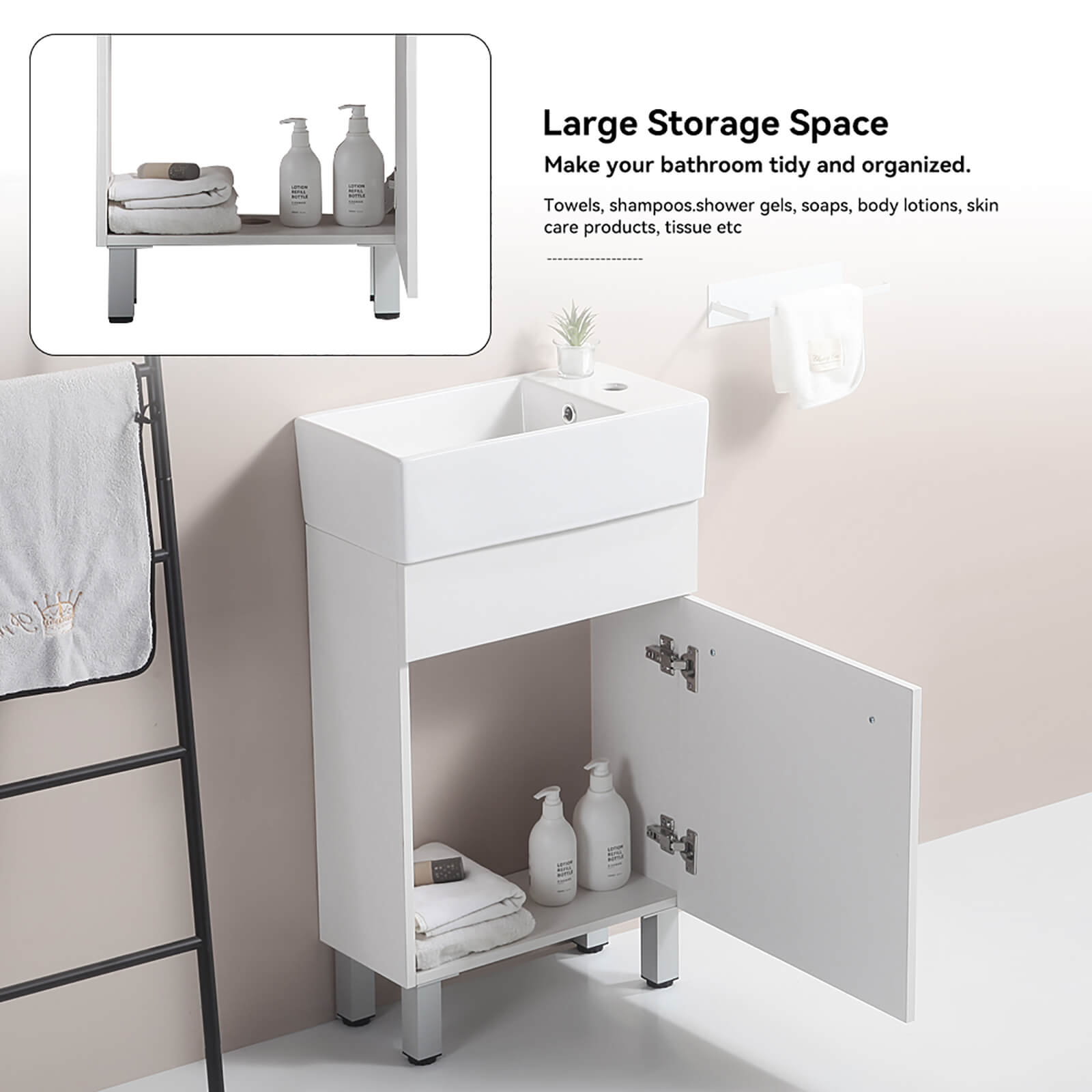 Crisp white compact vanity for narrow layouts