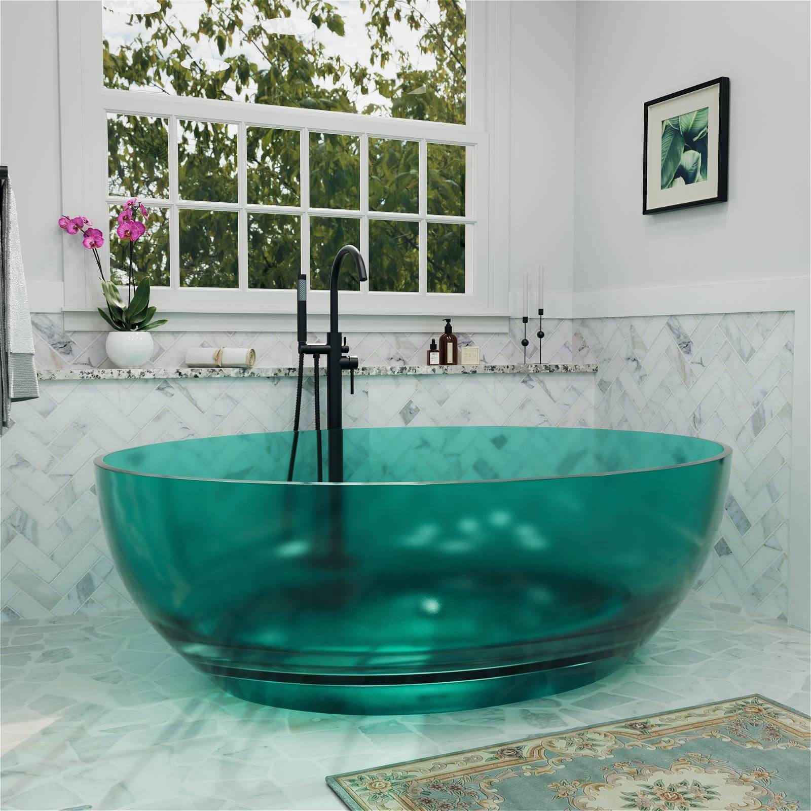 Crystal clear 2 person soaking bathtub in modern design