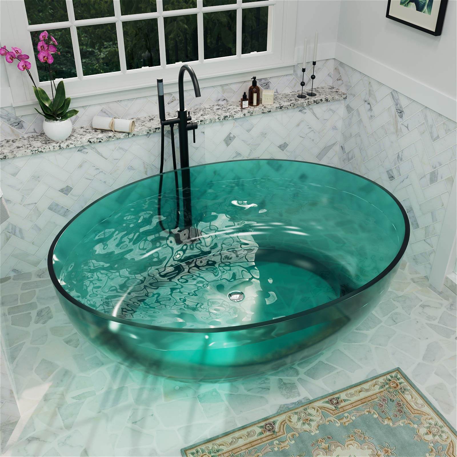 Crystal clear bathtub in custom blue finish