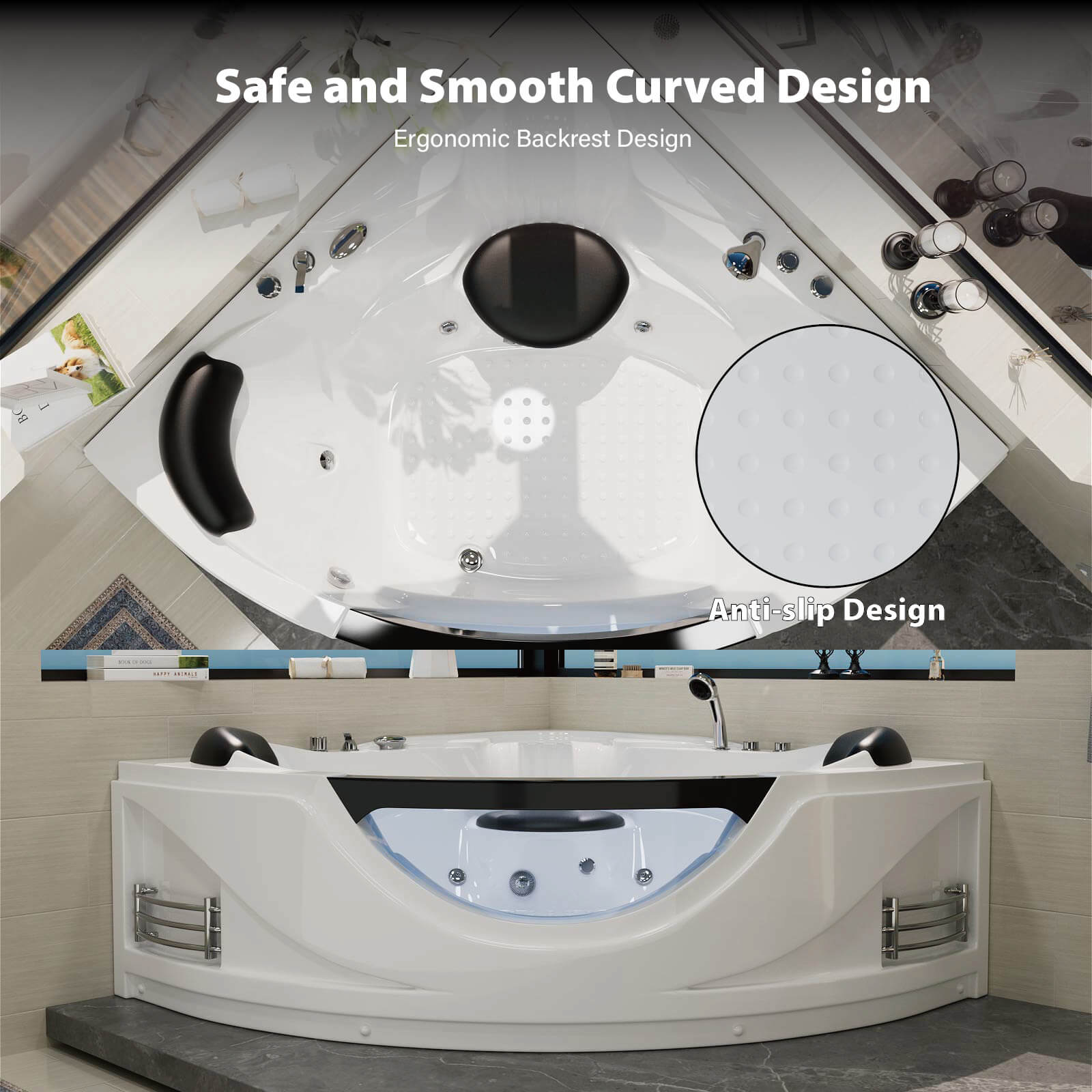 Curved corner whirlpool tub with ergonomic backrest and anti slip base