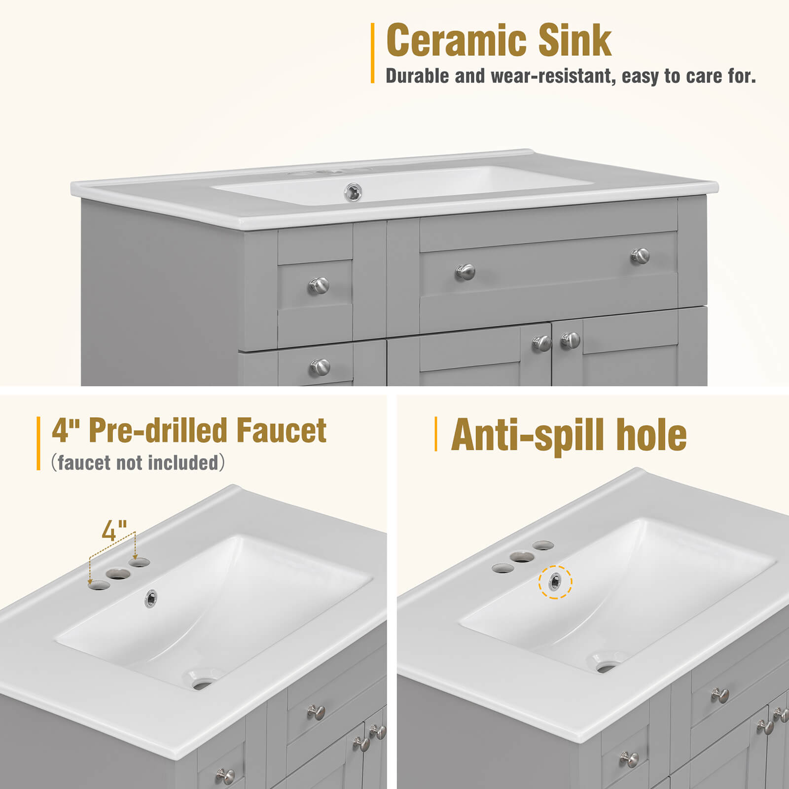 Description of the Overhead Ceramic Sink with Soft Close Door 30 Inch Grey Bathroom Vanity