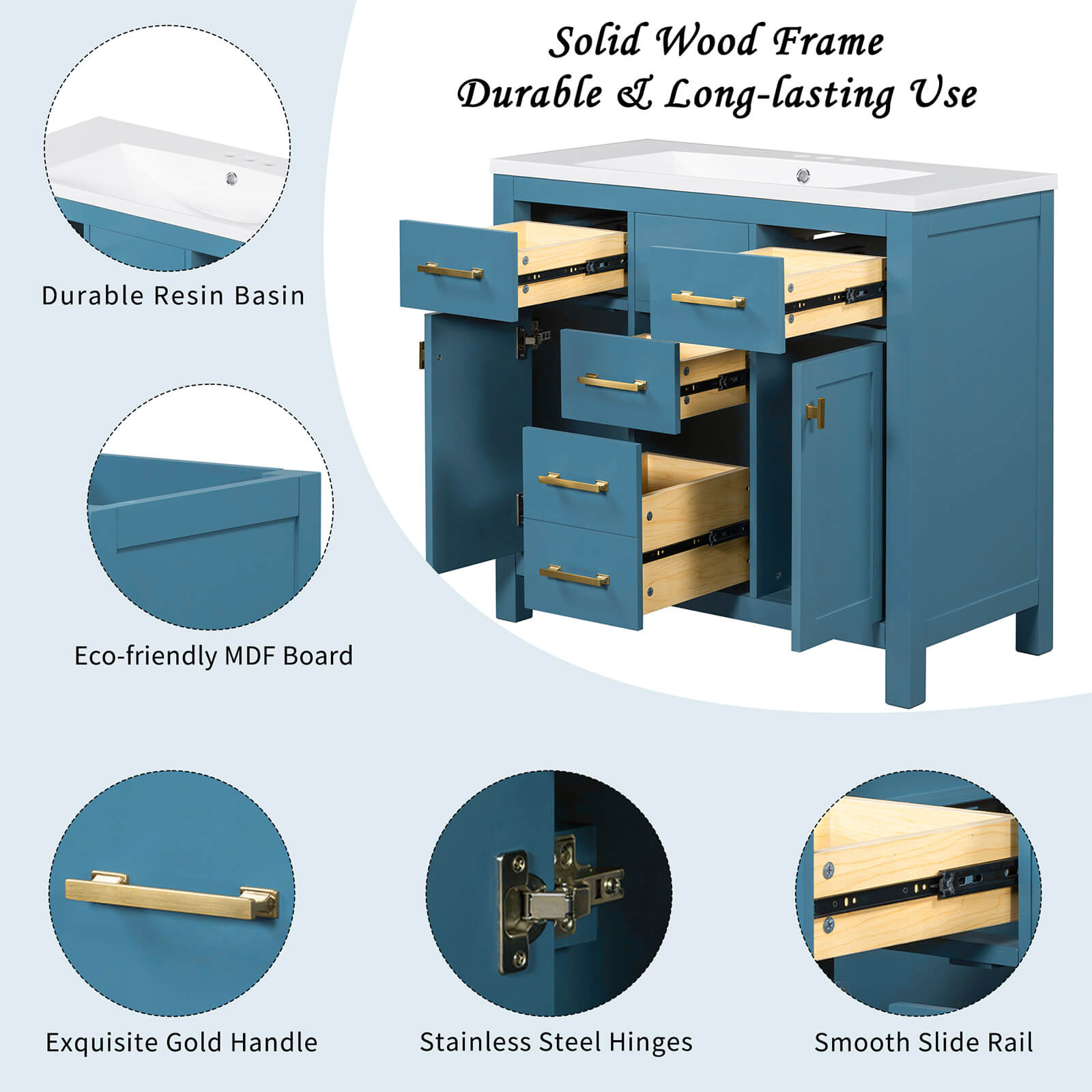 Detail of various positions on the 36 in blue bathroom storage cabinet with 3 hole top
