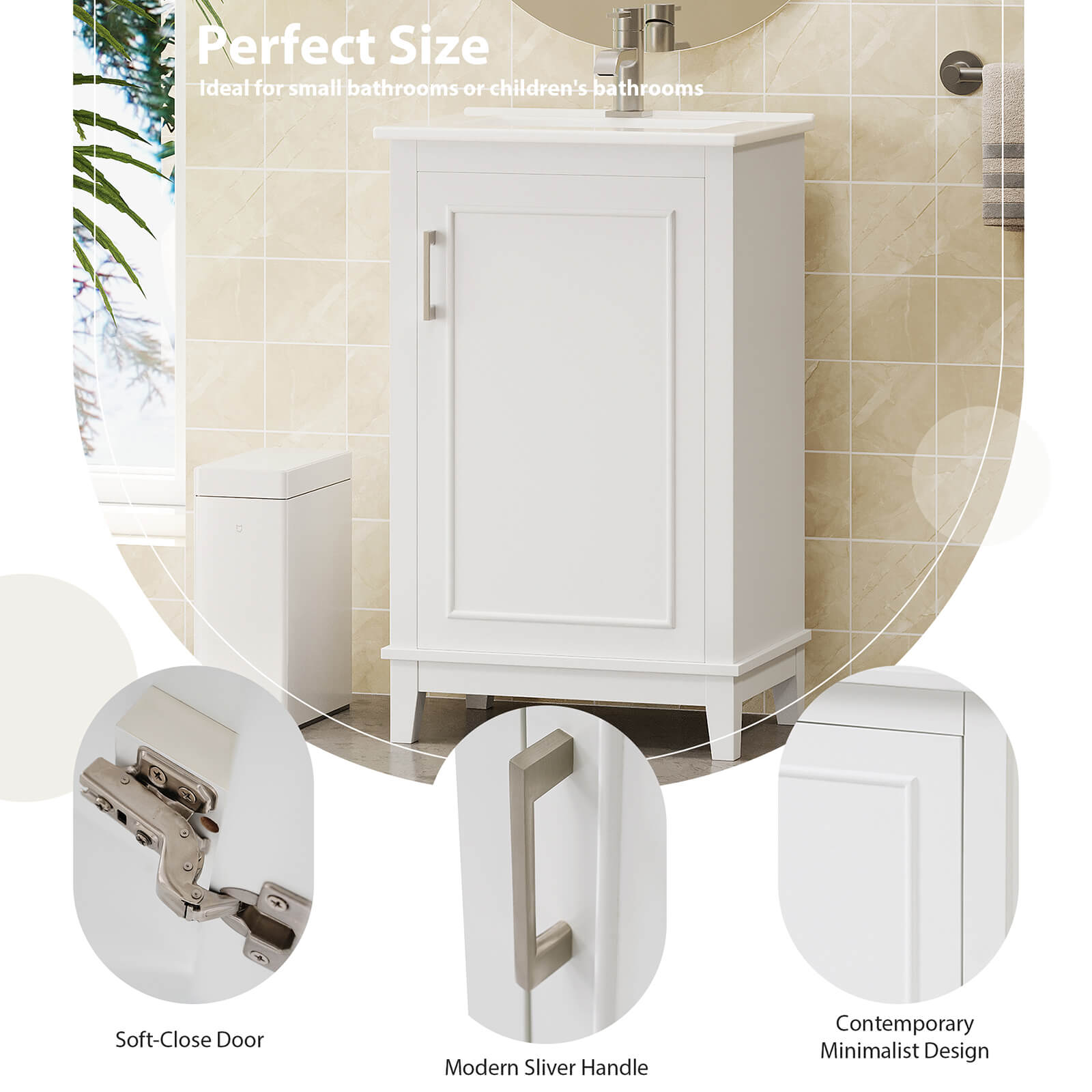 Detail illustration of 20 inch white single door bathroom vanity