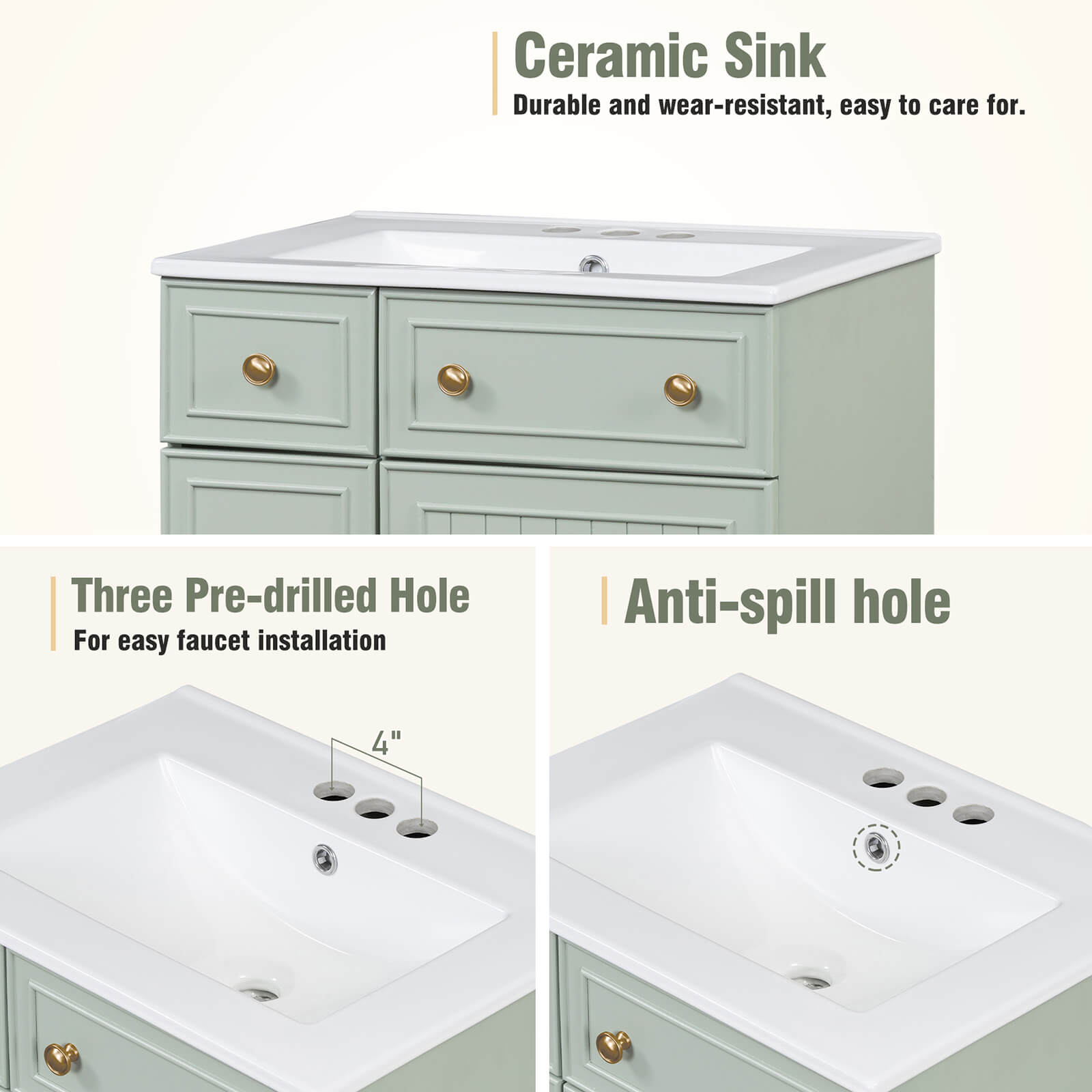 Detail of a 3-hole sink in a small 24-inch light gray bathroom vanity