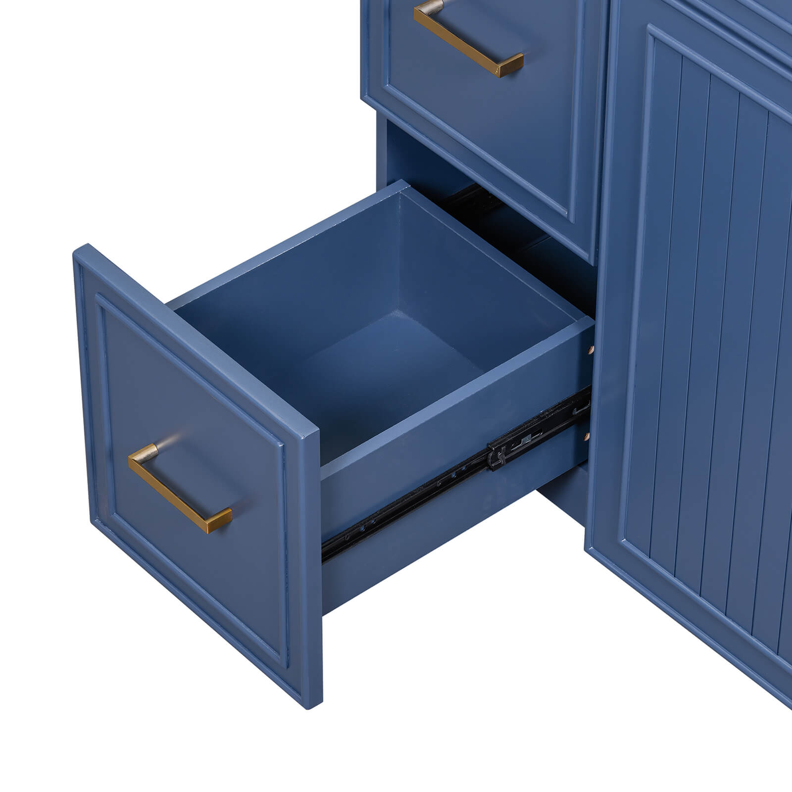 Detail of drawers in a 36 inch navy blue bathroom vanity with adjustable shelves