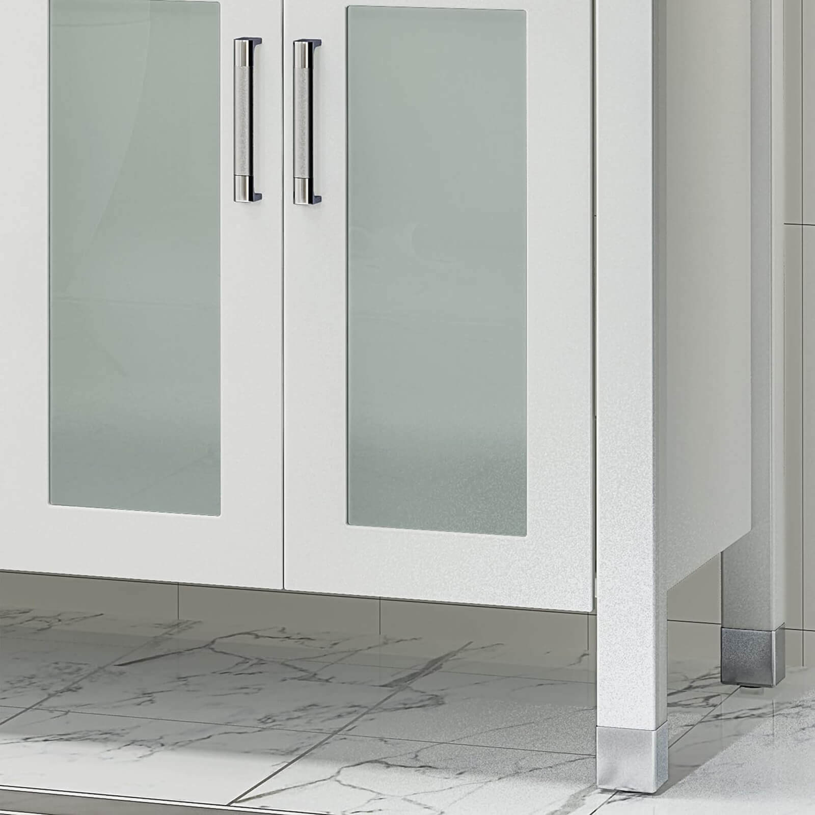 Detail of frosted glass paneling on a large solid wood bathroom vanity without sink 72 inch