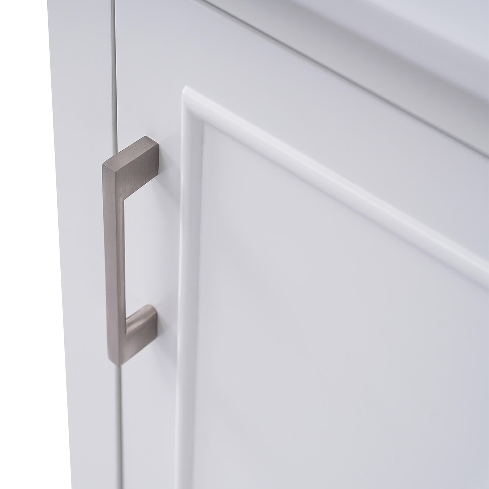 Detail of silver handles on 20 inch white single door bathroom vanity