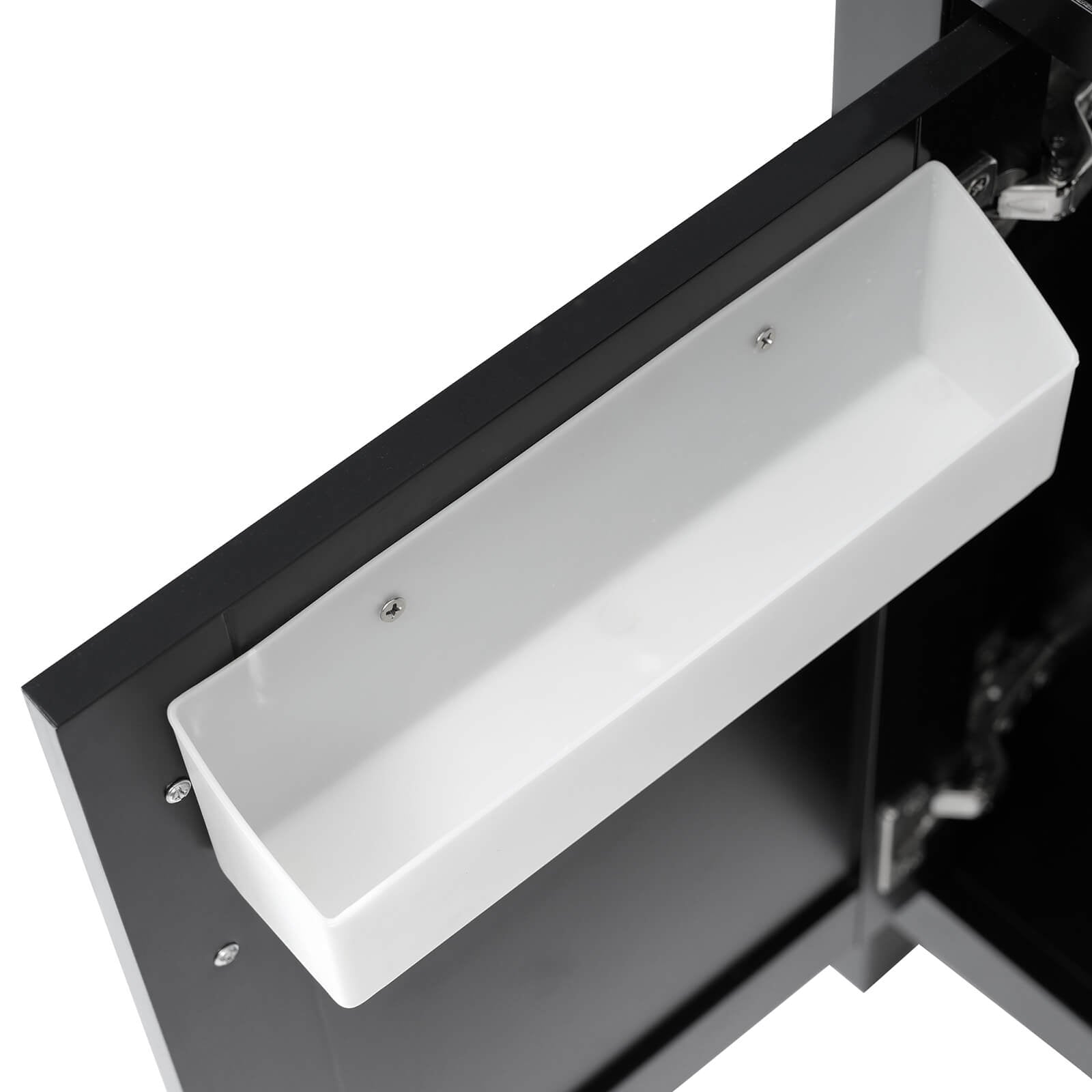 Detail of storage box hanging on dressing table door