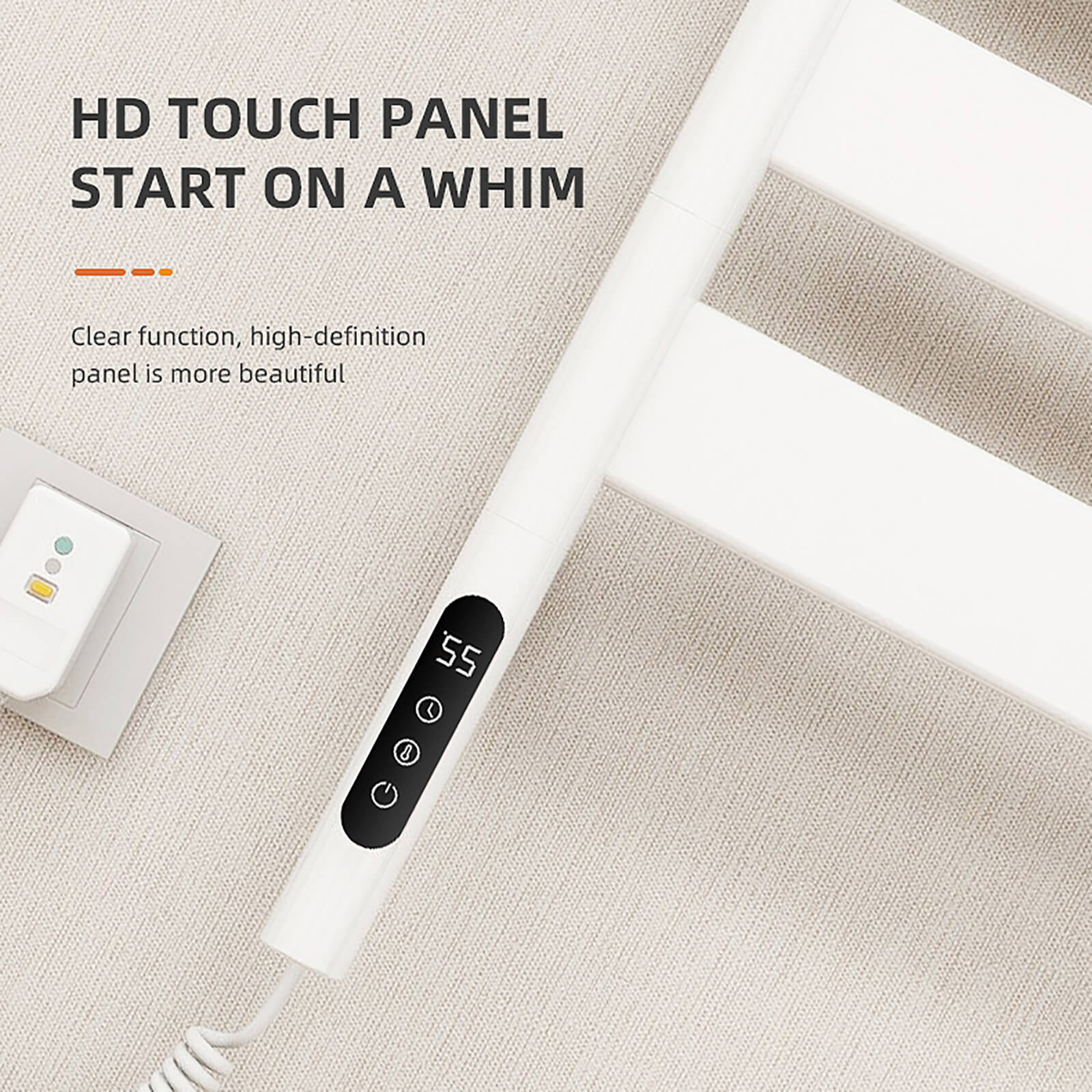 Detail of the touch panel of a white smart towel warmer with timer function