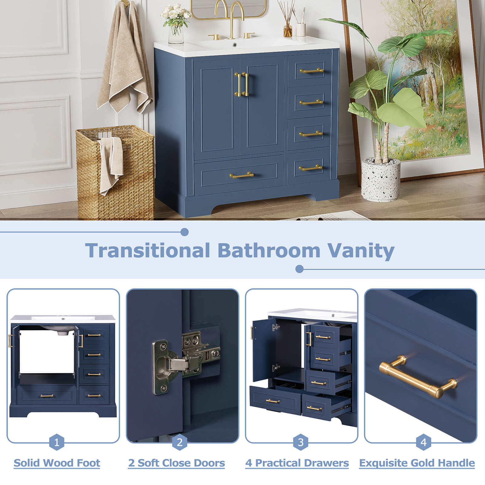 Detail of the various parts of the 36 inch traditional blue bathroom vanity with resin sink