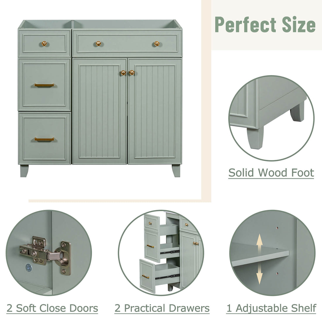 Detail of the various sections of a 36 inch light grey green bathroom vanity cabinet with adjustable shelves