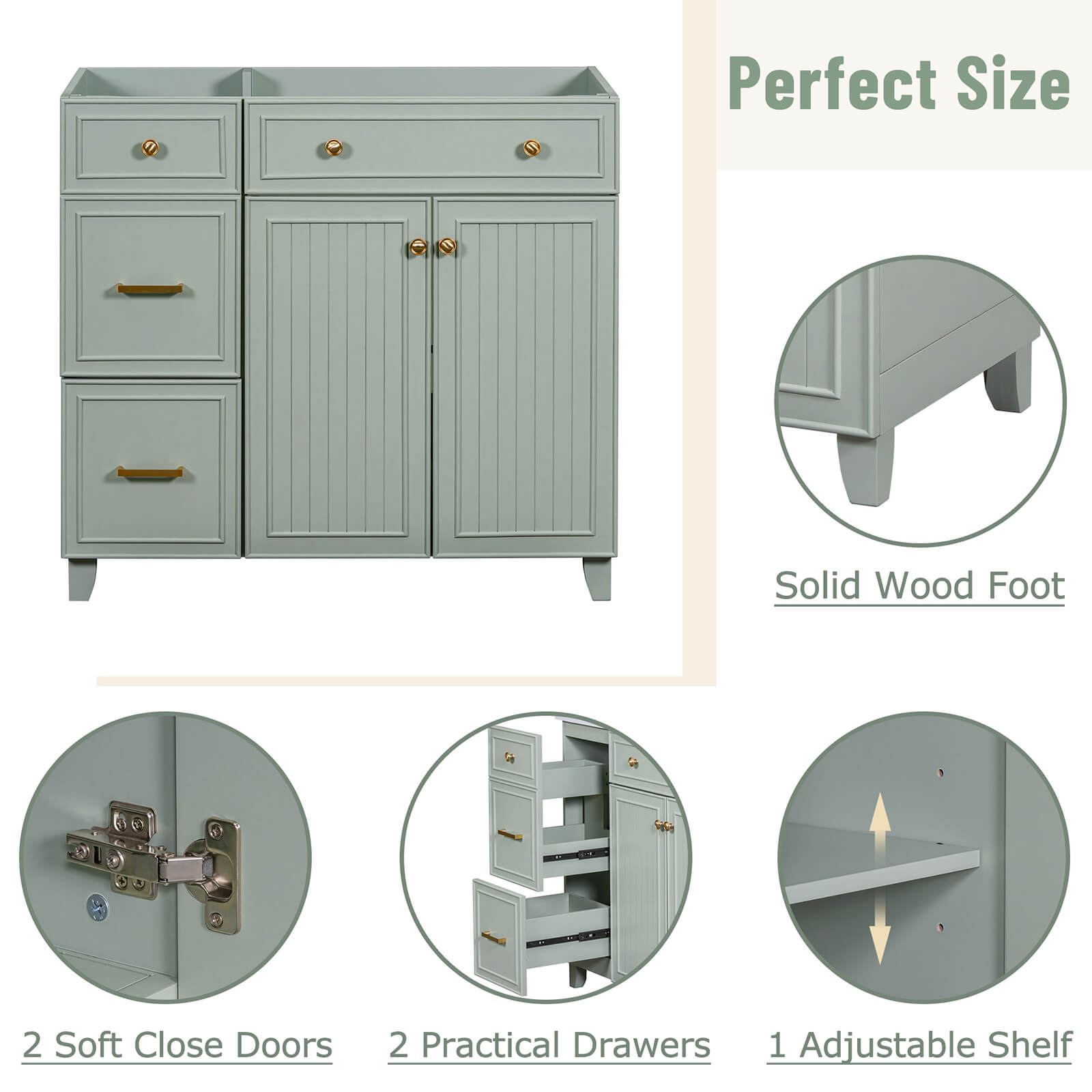 Detail of the various sections of a 36 inch light grey green bathroom vanity cabinet with adjustable shelves