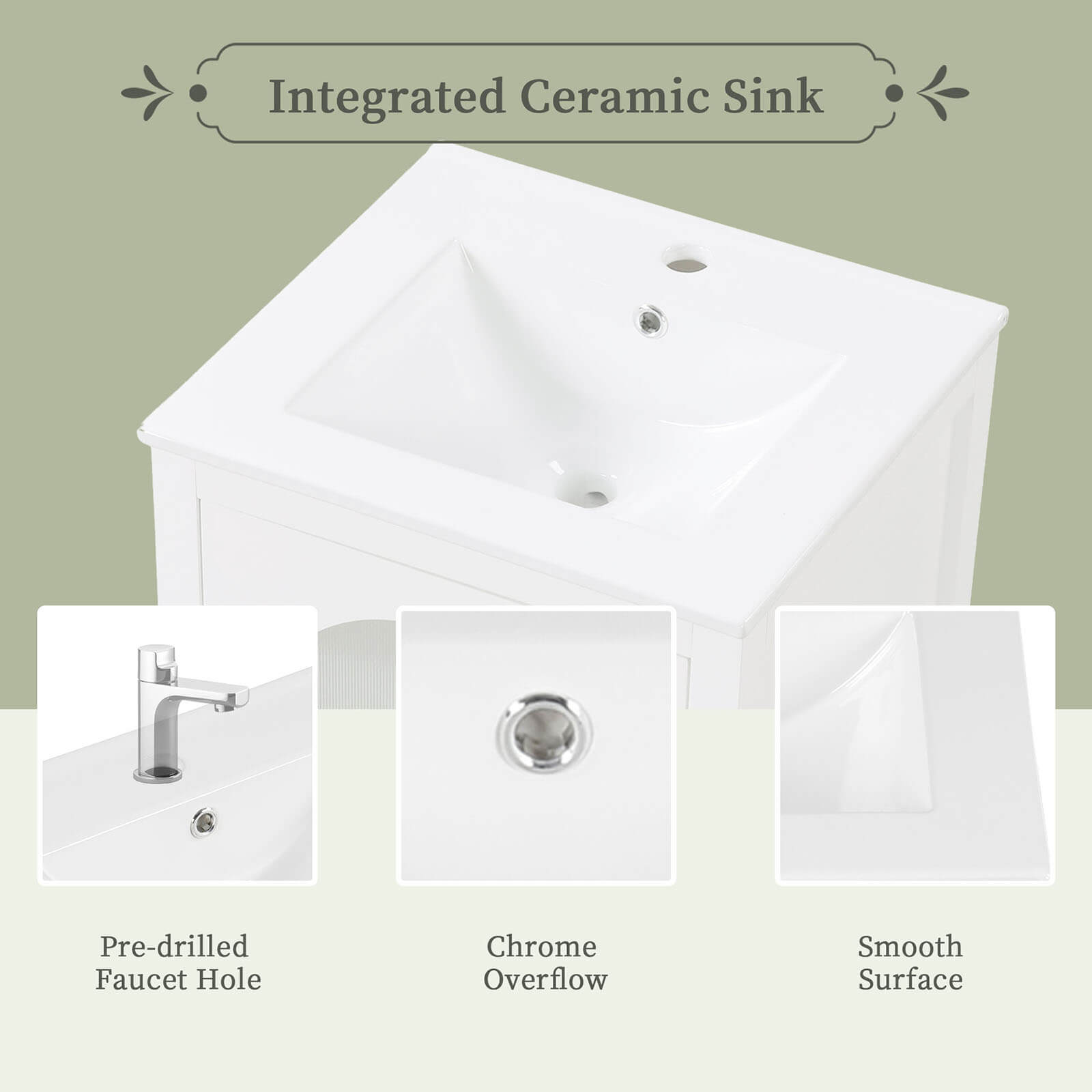 Detail of top sink in white bathroom vanity with clear glass door 20 inch