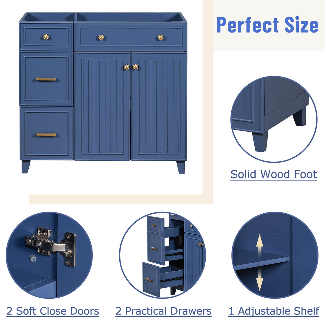 Detail of various areas of the 36 inch navy blue bathroom vanity cabinet with adjustable shelves
